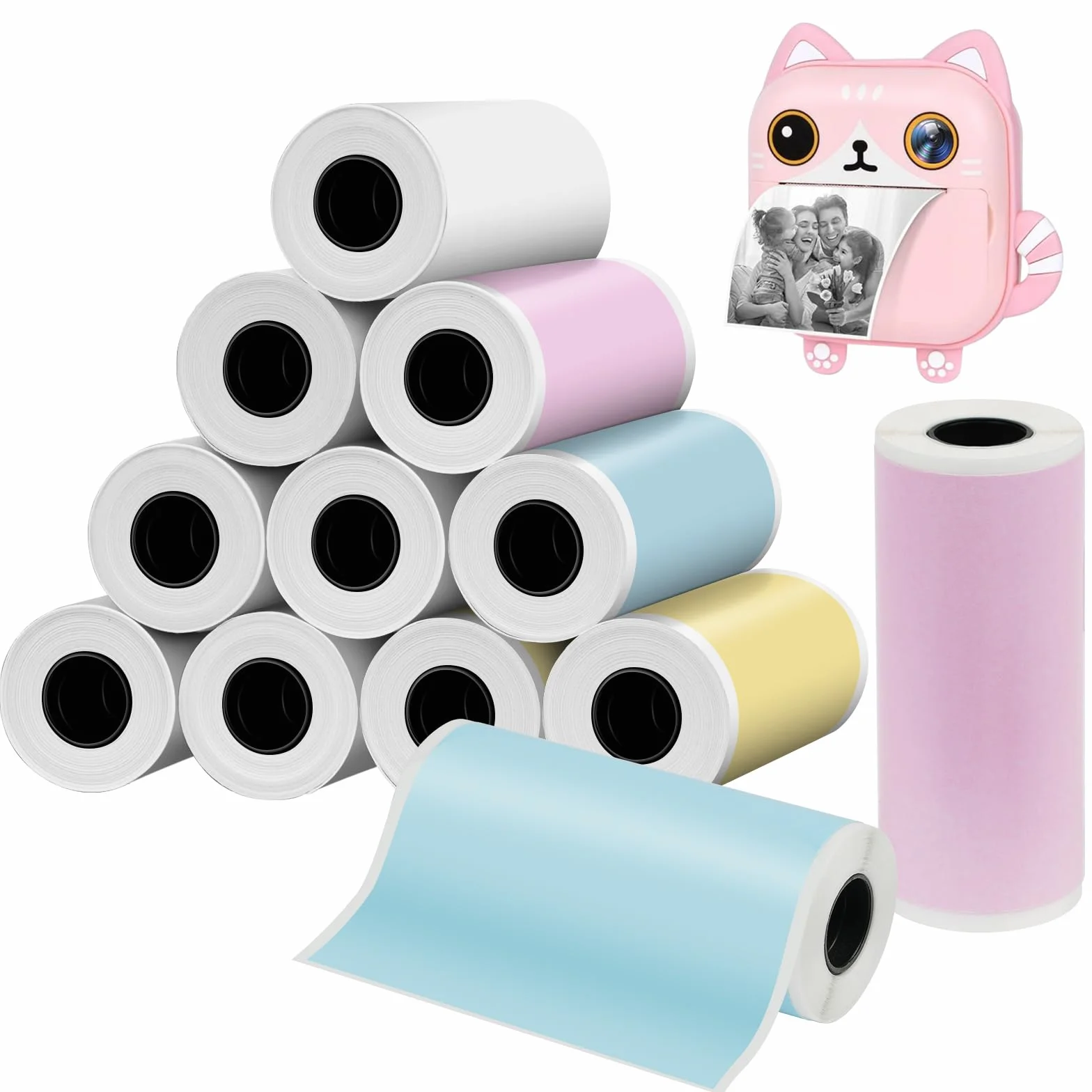 Ainiv 12 szt. kolorowych rolek papieru termicznego, 57 mm x 5 m, papier do drukowania aparatu, gładkie papiery bez BPA, samoprzylepne, akcesoria do aparatów błyskawicznych, papier do drukowania bez