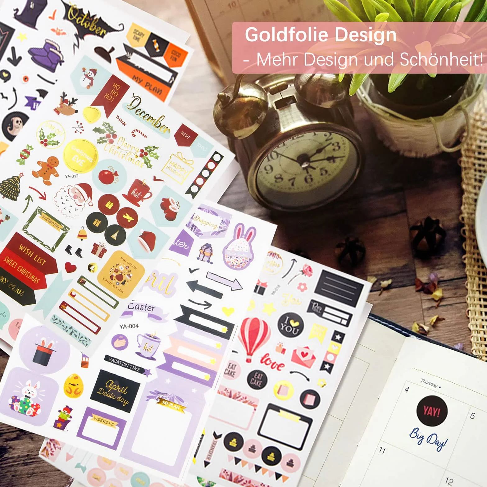 Naklejki do Planera i Bullet Journal 27 Arkuszy 1230+ Szt Złota Folia Naklejki Miesięczne Styczeń–Grudzień Naklejki Tygodniowe To-Do Budżet Scrapbooking