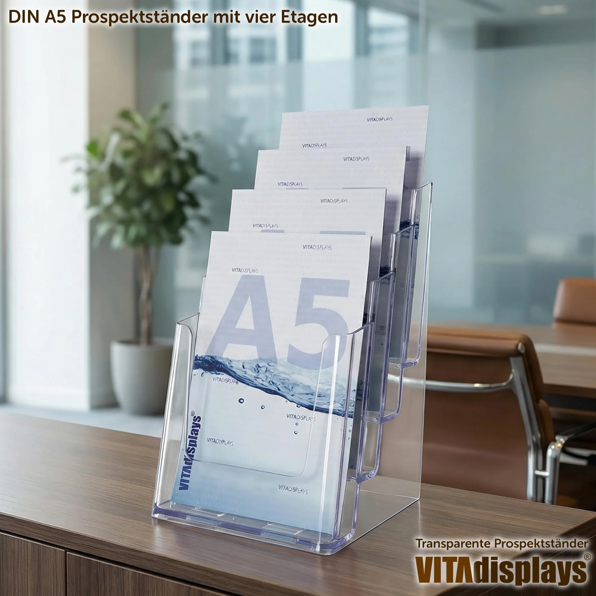 VITAdisplays® Stojak na prospekty DIN A5 z 4 poziomami, przezroczysty (NE-164)