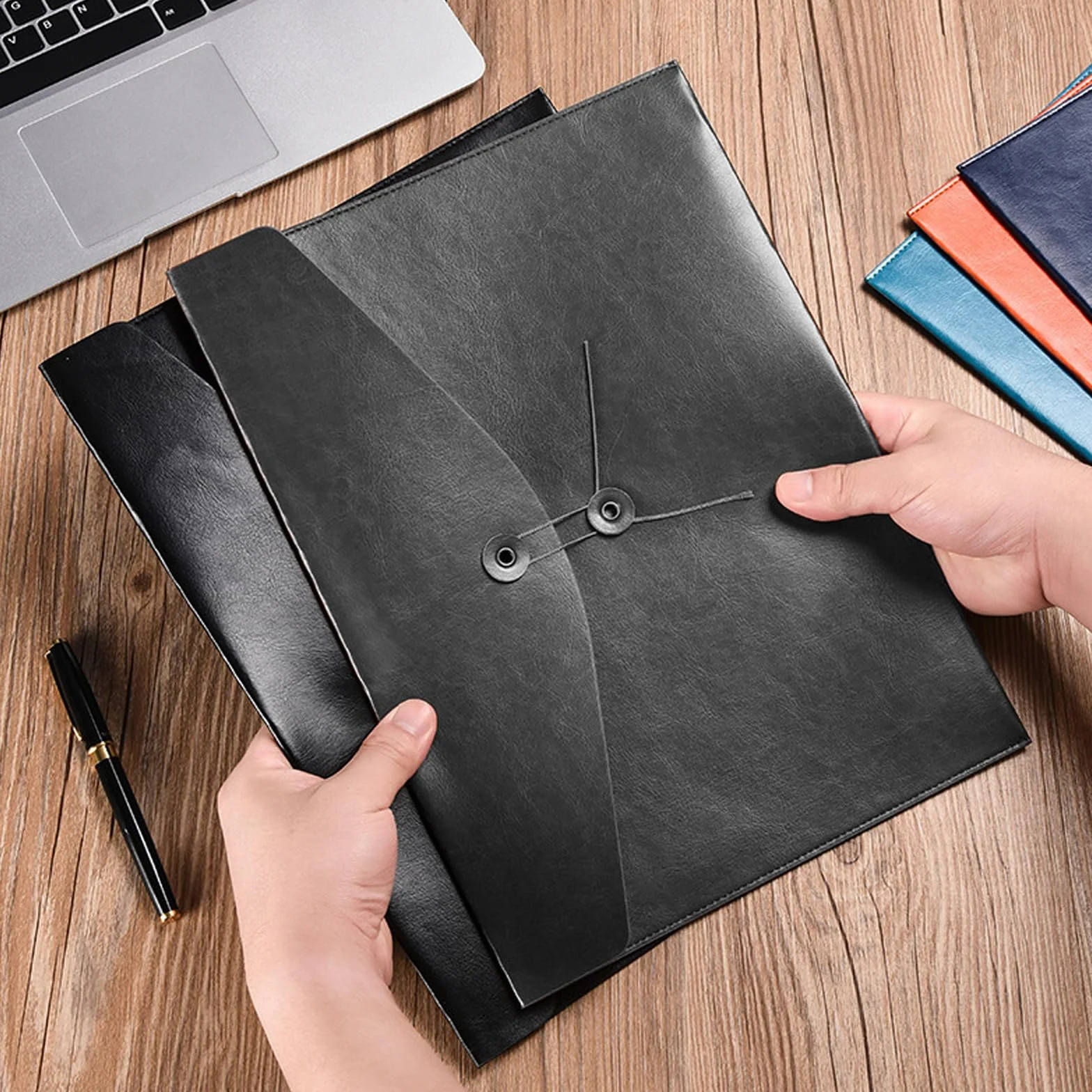 VANRA 1 sztuka skórzanych teczek na dokumenty, etui na dokumenty, koperta na dokumenty A4, format listu, teczka na dokumenty z zamknięciem na sznurek (czarny)