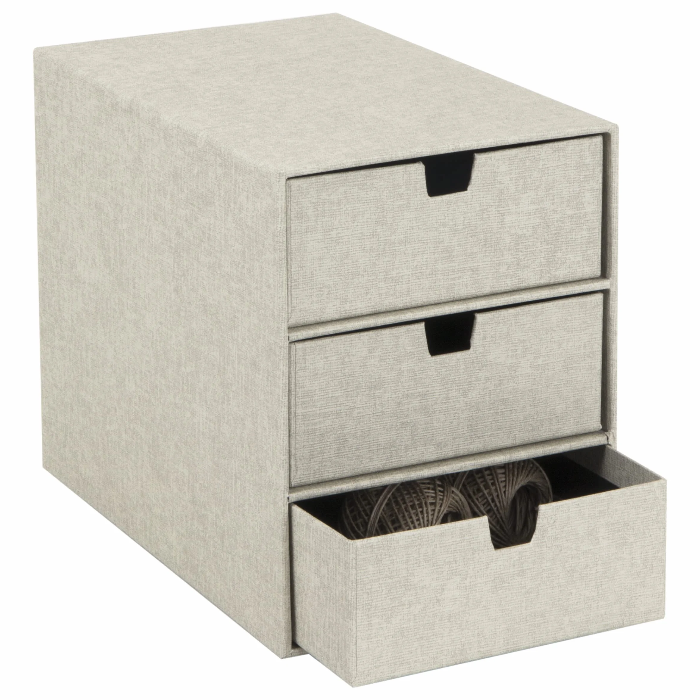 BIGSO BOX OF SWEDEN INGRID Pudełko z szufladami na dokumenty i artykuły biurowe – organizer na biurko z 3 szufladami – system odkładania z płyty pilśniowej i papieru o wyglądzie lnu, kolor beżowy