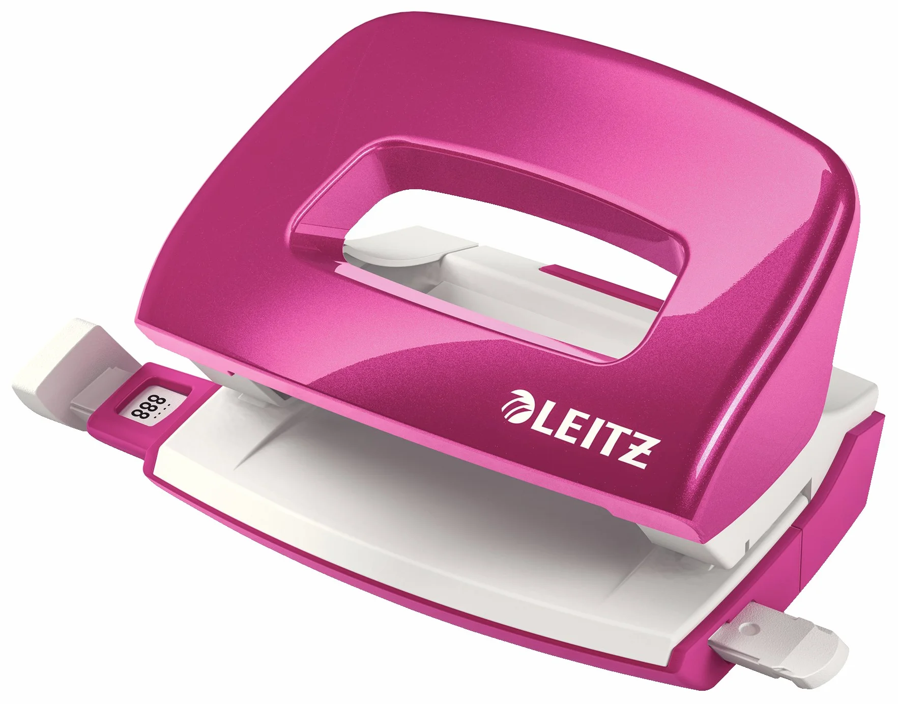 Leitz, Mały Dziurkacz Leitz WOW, Dziurkuje do 10 Kartek, Wytrzymała Prowadnica z Oznaczeniem Formatów, Metalowy, Kolekcja WOW, Kolor Metaliczny Różowy, 50601023