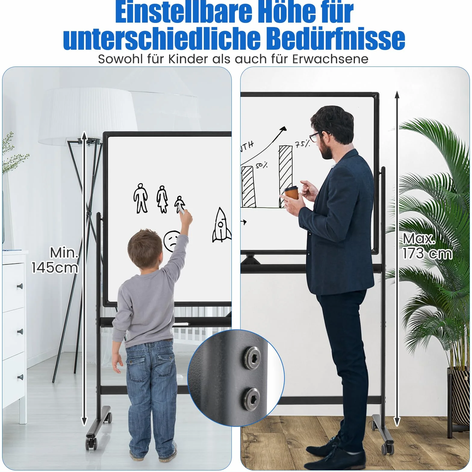 COSTWAY Dwustronna tablica suchościeralna magnetyczna 120 x 80 cm z kółkami i stojakiem