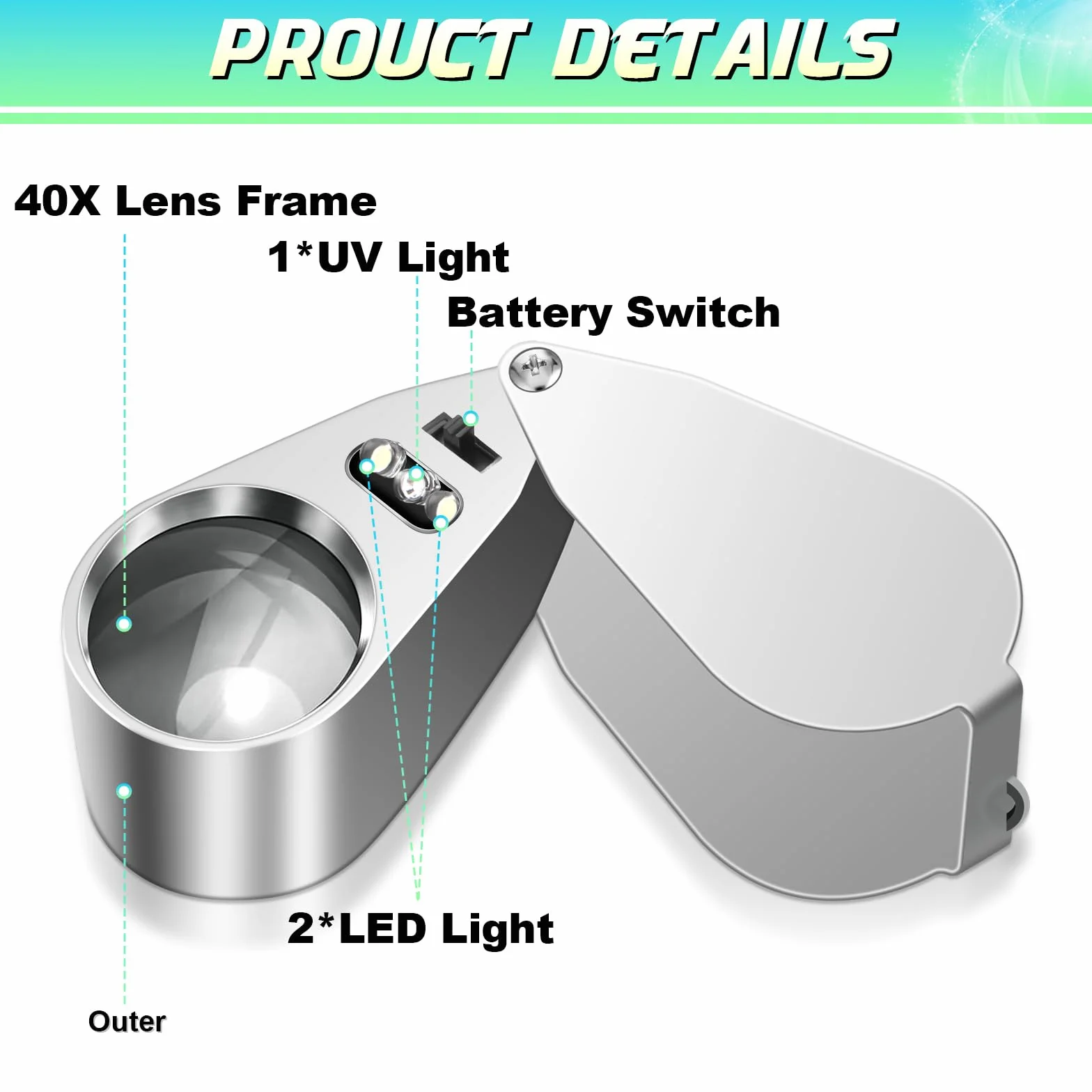 Lupa jubilerska 40X ze światłem LED/UV, składana, torebka metalowa, do kamieni szlachetnych