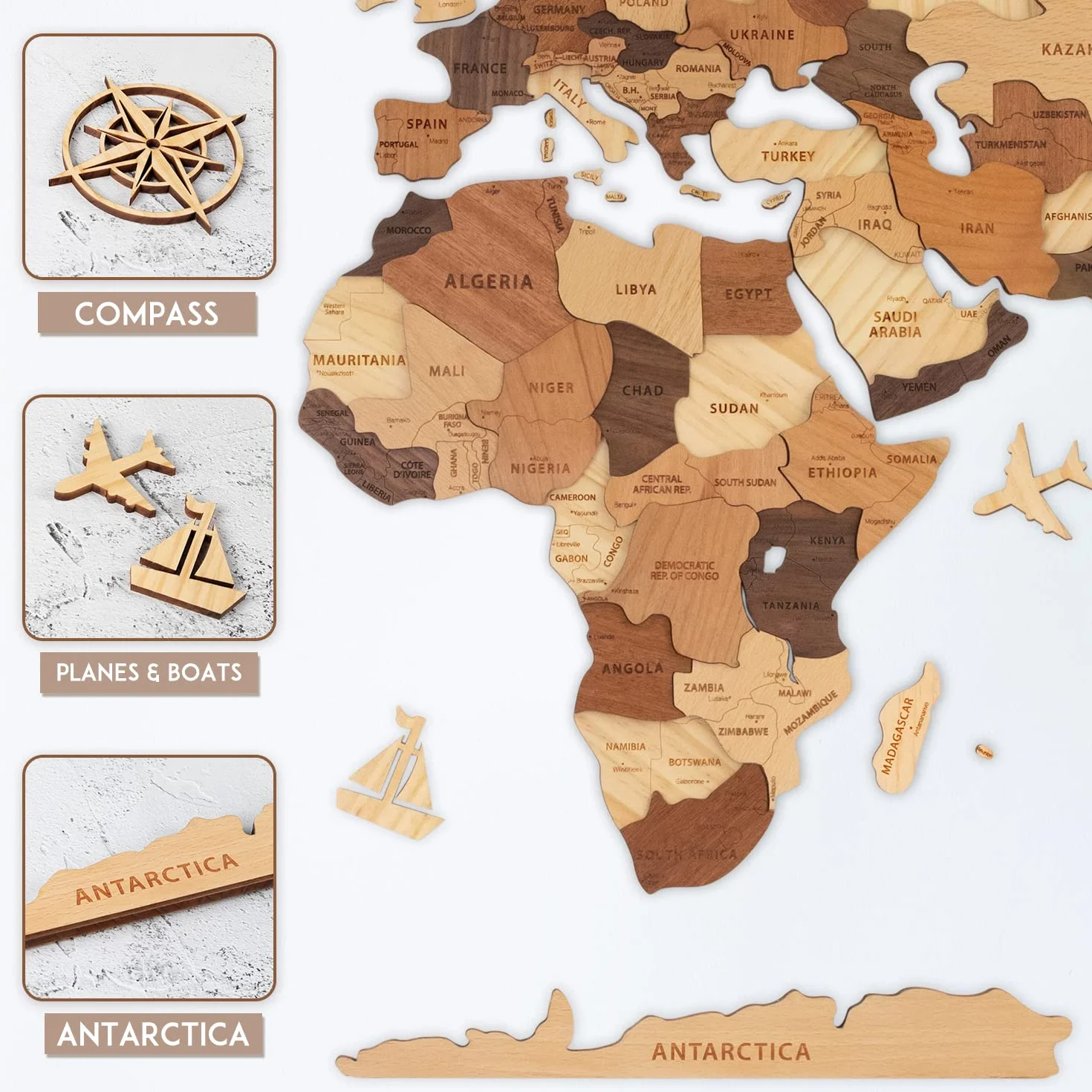 Creawoo Dekoracja Ścienna Mapa Świata 3D, Wielowarstwowa Mapa Drewna, 150 x 85 cm