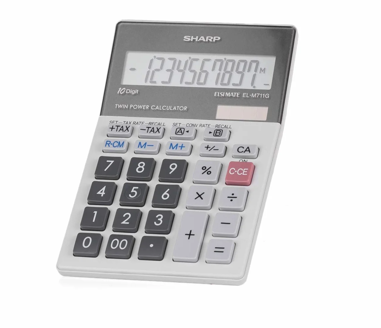 SHARP EL-M711 G kalkulator stołowy (10 cyfr, przelicznik walut, zasilany energią słoneczną i baterią) jasnoszary