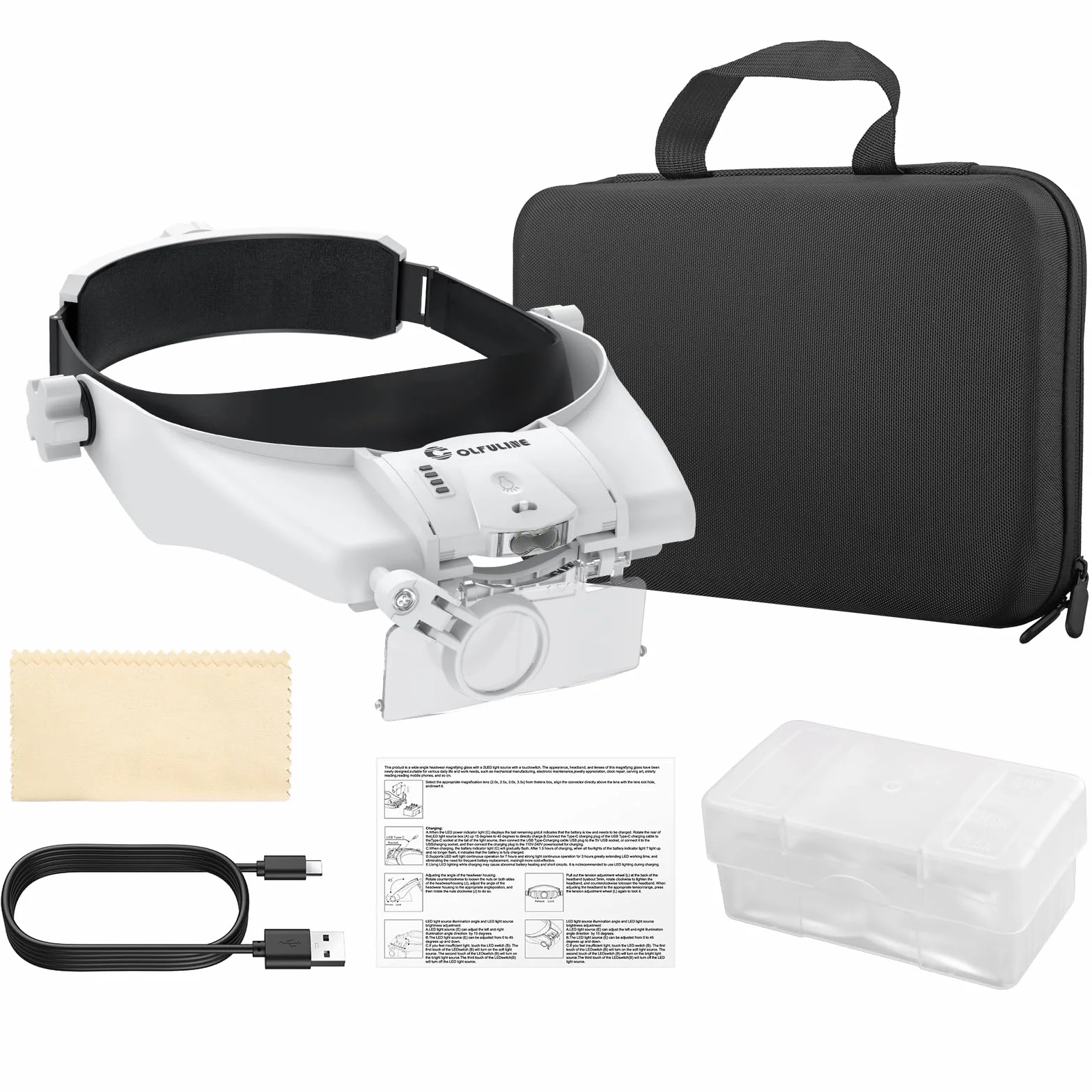 COLFULINE okulary powiększające ze światłem, 2 diody LED, lupa z lekką opaską na czoło, 5 soczewek 1,0X do 3,5X, akumulator 300mAh i ładowanie USB, 2 regulowana jasność okularowa lupa z opaską na