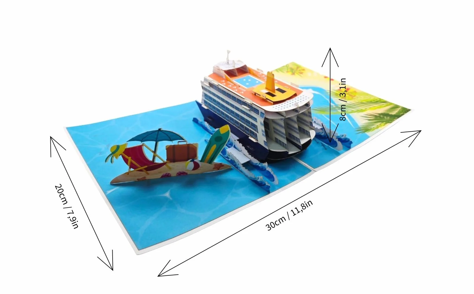 Pop-Up Kartka z życzeniami statek wycieczkowy 3D – kartka wakacyjna z kopertą – ręcznie robiona kartka składana z motywem statku – 30 x 20 x 8 cm – morska karta podarunkowa na podróż, urodziny