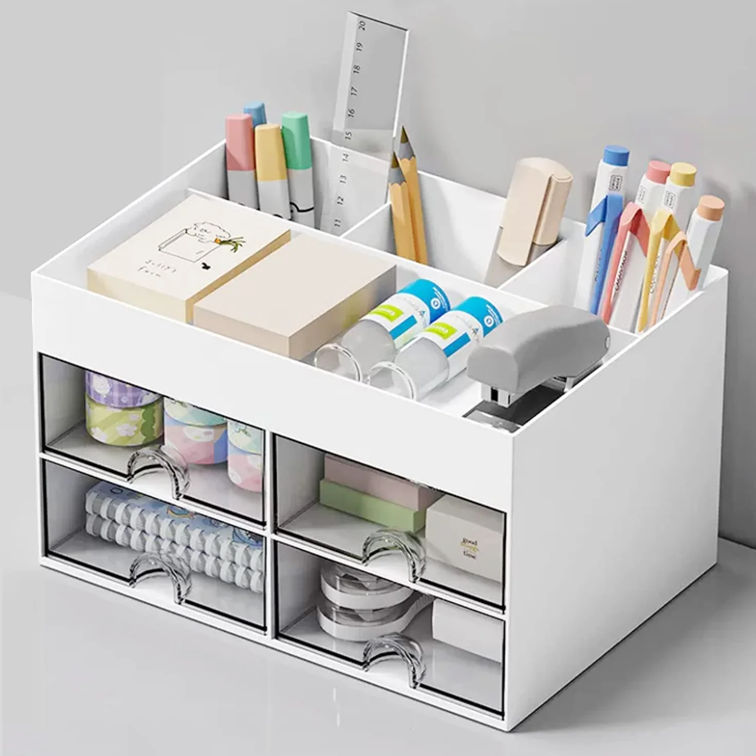 Organizer na biurko, 7 przegródek, plastikowy organizer biurowy, wielofunkcyjny pojemnik na długopisy, biurko z szufladą, organizer na stół z tworzywa sztucznego, pojemnik na długopisy do