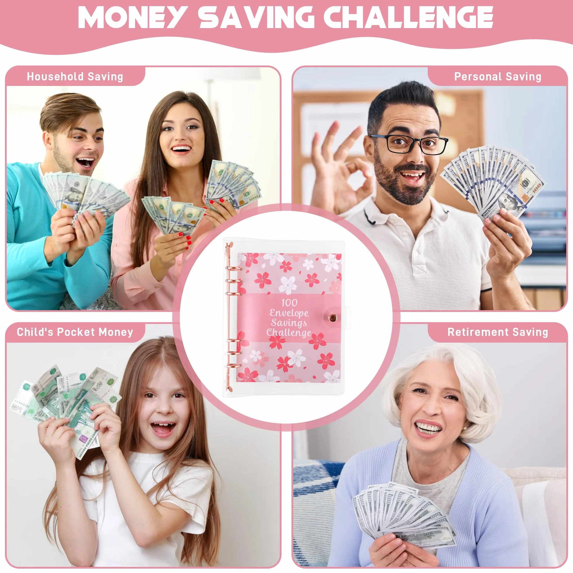JIANTA 100 Envelope Saving Challenge, planer budżetowy A5 z trackerem, książka oszczędnościowa - różowe
