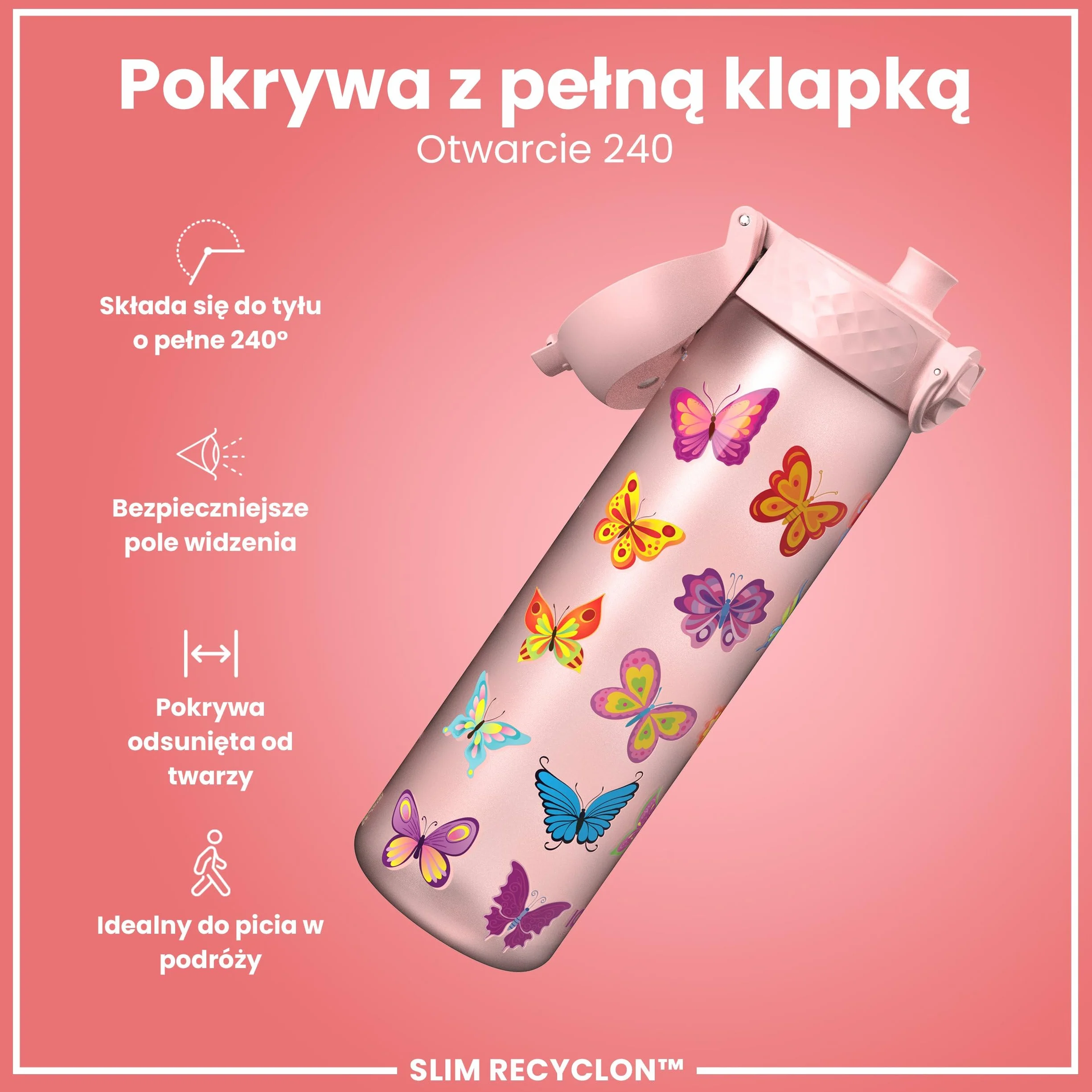 ION8 Butelka na Wodę, 500 ml/18 oz, Szczelna, Łatwe Otwieranie, Bezpieczny Zamek, Można Myć w Zmywarce, Bez BPA, Higieniczne Pokrycie, Uchwyt do Przenoszenia, Łatwa Czyszczenie, Bezwonny, Motyle