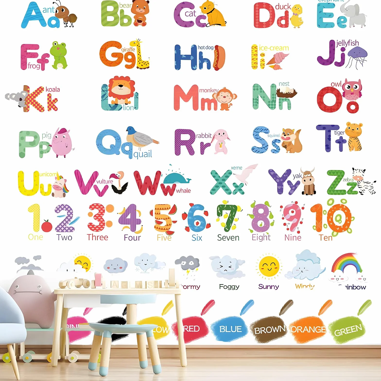 9 plakatów ABC dla dzieci, wodoodporny alfabet, plakat edukacyjny dla dzieci z literami, cyframi, pogodą, kolorami, tatuaż ścienny do przedszkola, domu, szkoły