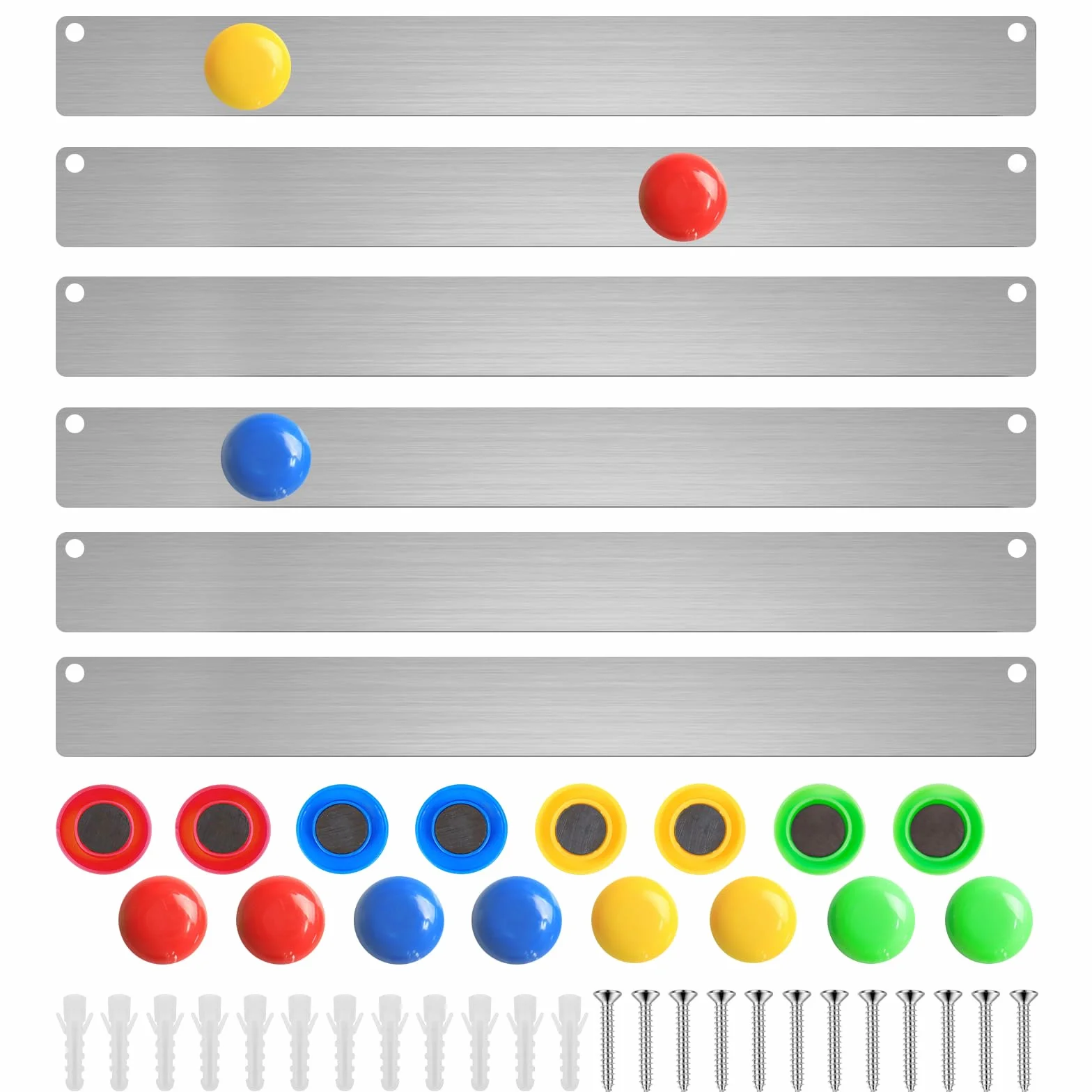 Tablica magnetyczna do notatek, 6 sztuk, srebrna, samoprzylepna listwa magnetyczna, mała, z 16 silnymi magnesami, 30 x 2,6 cm, do biura, na lodówkę, kuchnię, na ścianę ze zdjęciami