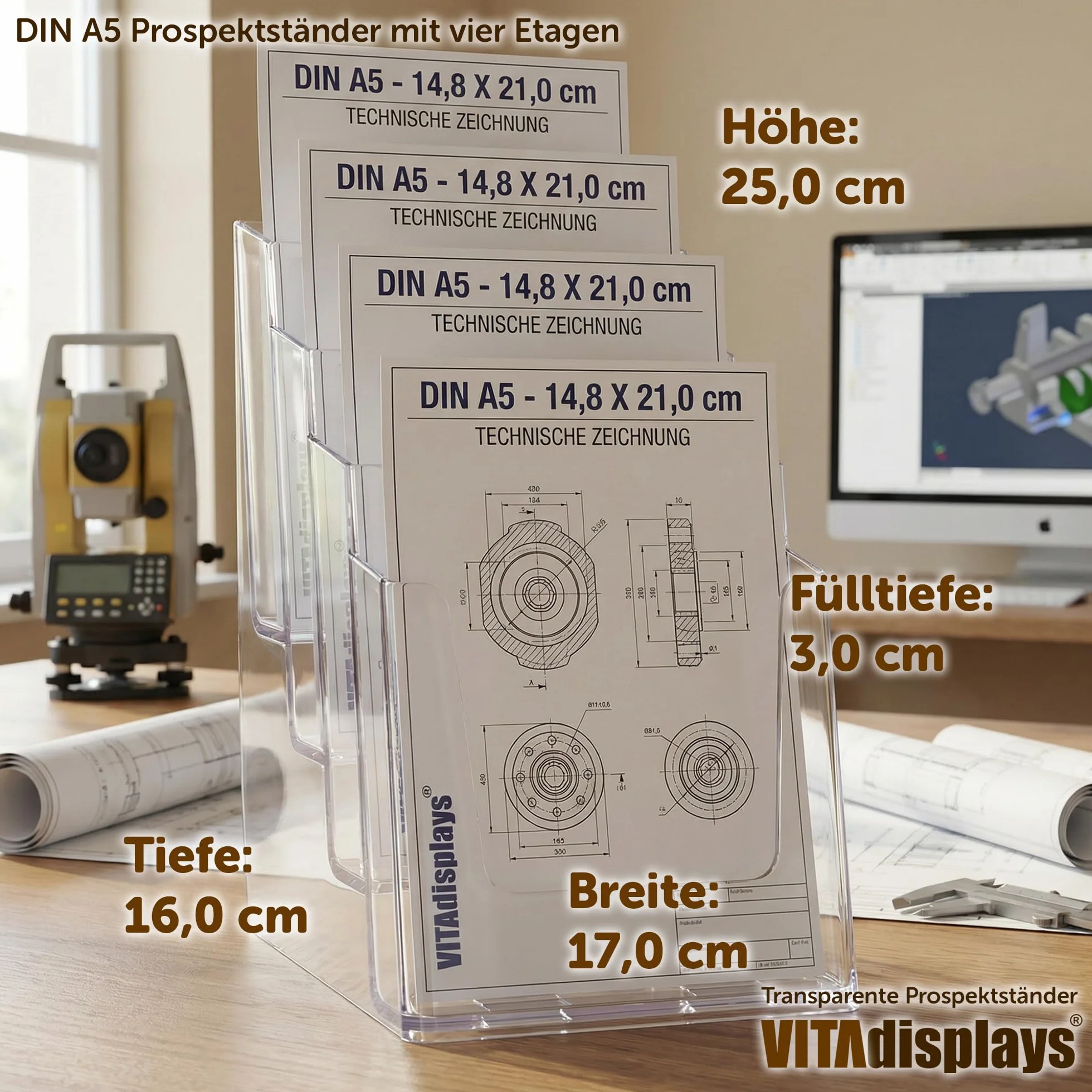 VITAdisplays® Stojak na prospekty DIN A5 z 4 poziomami, przezroczysty (NE-164)