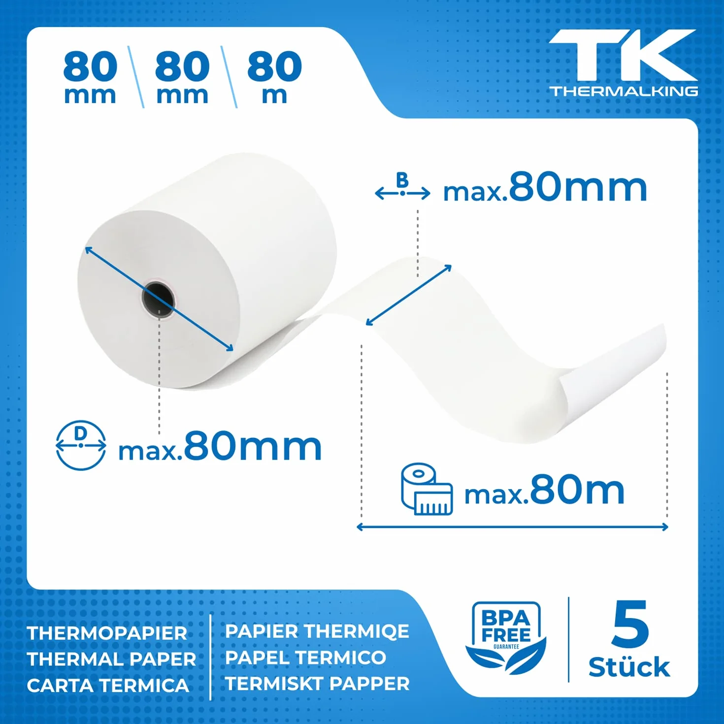THERMALKING Podatkowa skrzynka termiczna 80x80 cm Rolka do drukarki kasy fiskalnej 80x80 m x12 mm 5x