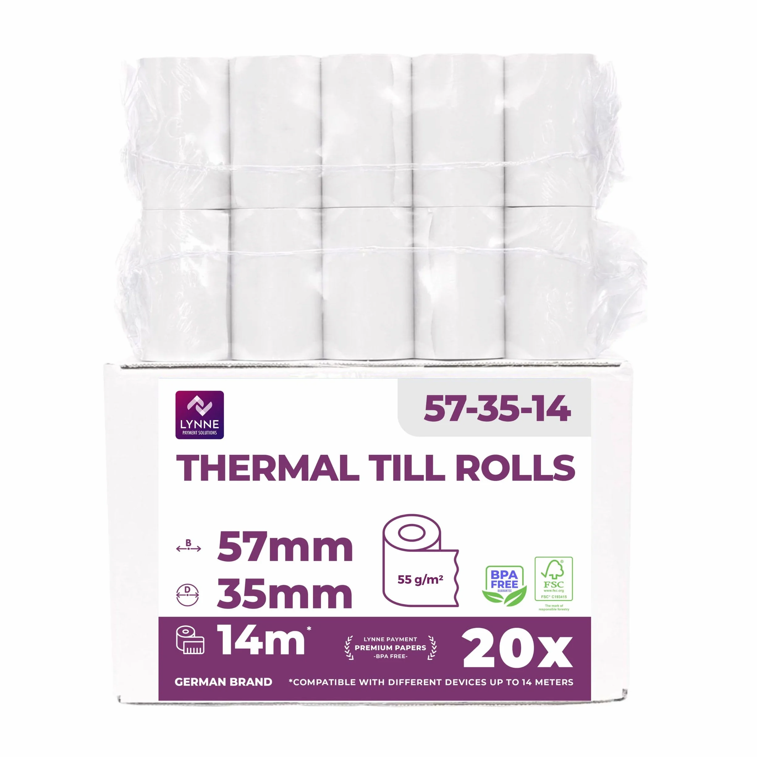 Rolka tpe 57mm x 14m x 12mm - Rolki do terminala kart bankowych - Szpula papieru termicznego 57x35x12 - wolna od BPA (20 szpulek)