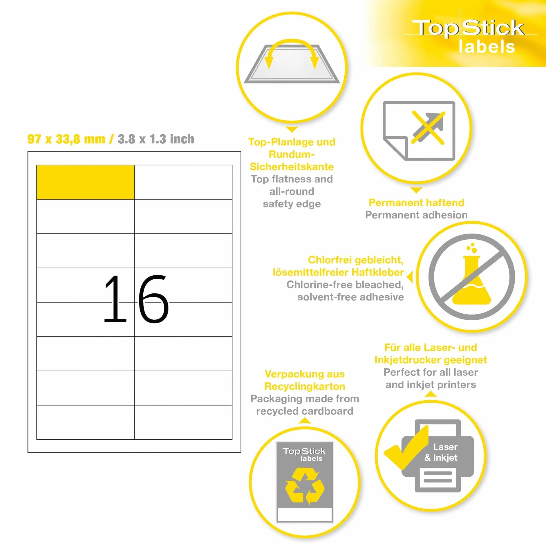 TopStick 8710 uniwersalne etykiety, 100 arkuszy, 97 x 33,8 mm, 16 arkuszy A4, 1600 sztuk, samoprzylepne, nadają się do zadrukowania, matowe, nieprzezroczyste naklejki samoprzylepne, białe