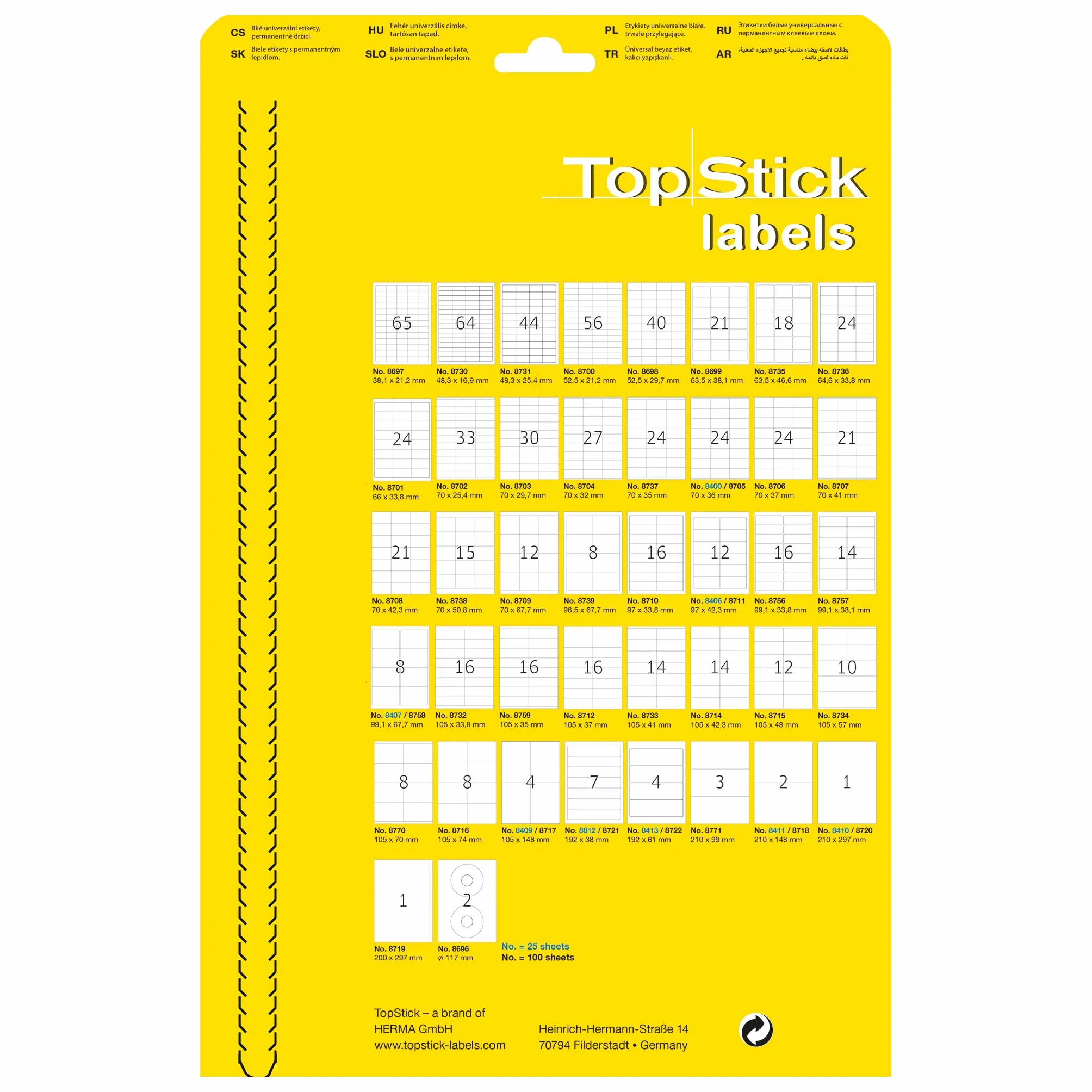 TopStick 8409 Uniwersalne etykiety, 25 arkuszy, 105 x 148 mm, 4 na arkusz A4, 100 sztuk, samoprzylepne, nadają się do zadrukowania, matowe, nieprzezroczyste naklejki samoprzylepne, białe