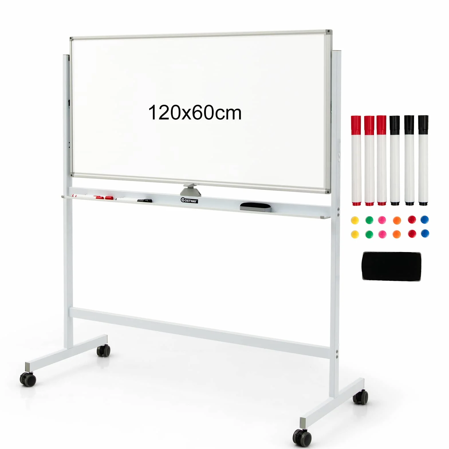 Costway przenośna biała tablica, dwustronna, magnetyczna tablica suchościeralna ze stojakiem, zwijana, suchościeralna, 120 cm x 60 cm, kolor biały, w zestawie Akcesoria do domu, biura i szkoły.