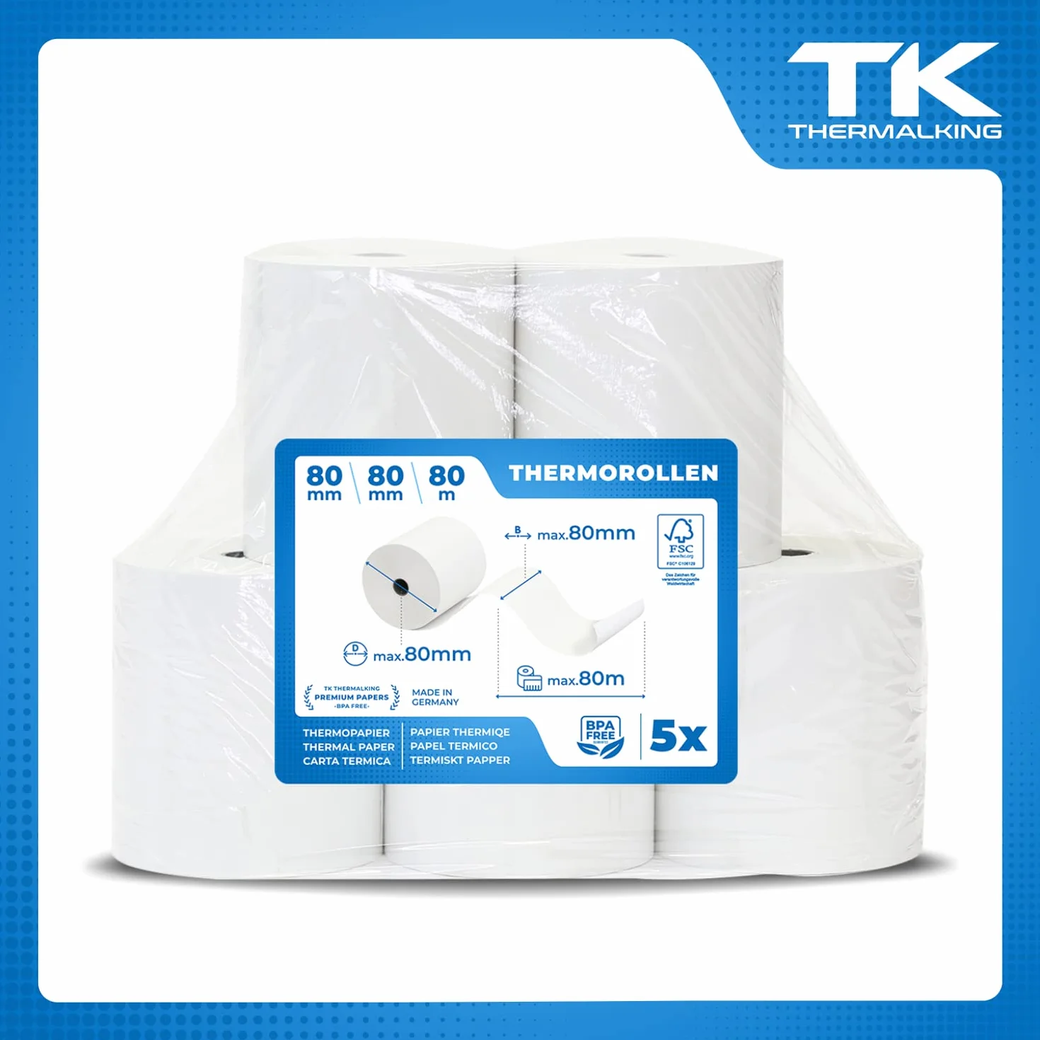 THERMALKING Podatkowa skrzynka termiczna 80x80 cm Rolka do drukarki kasy fiskalnej 80x80 m x12 mm 5x