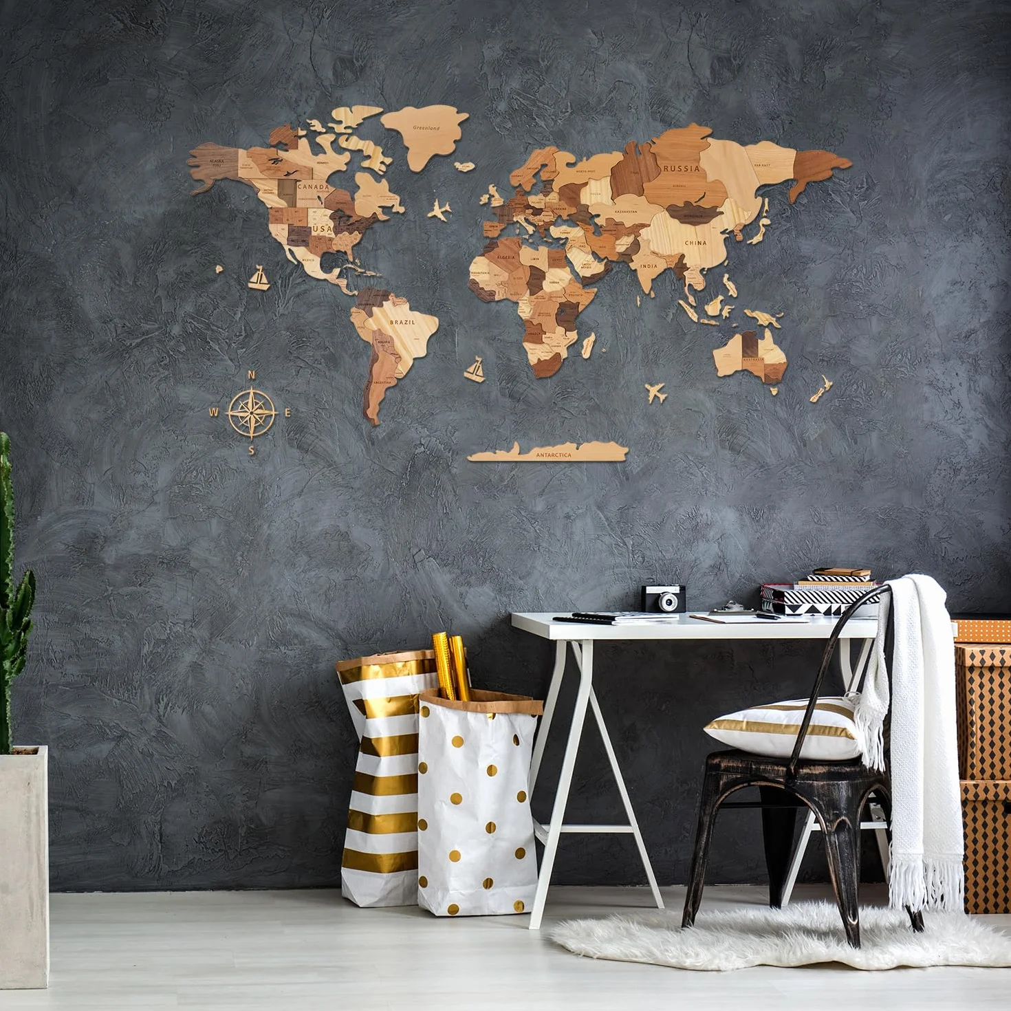 Creawoo Dekoracja Ścienna Mapa Świata 3D, Wielowarstwowa Mapa Drewna, 150 x 85 cm