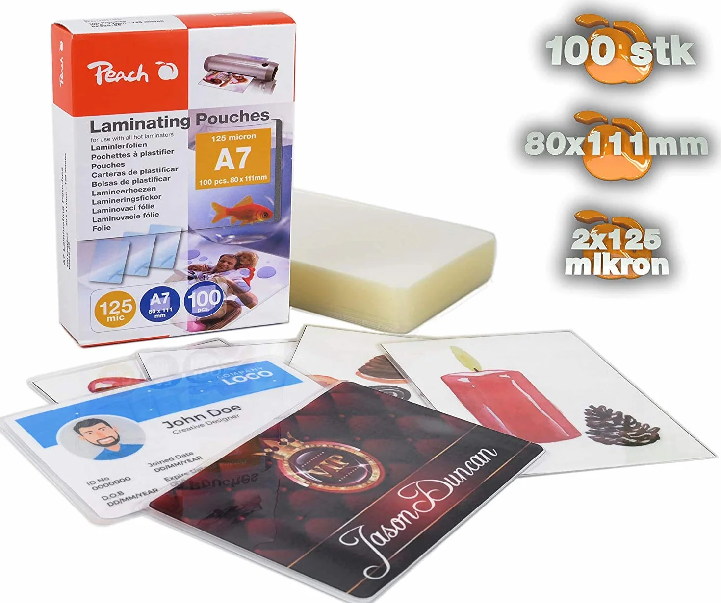 Peach Folie do laminowania A7-125 mic - 100 torebek - błyszczące - jakość premium dla najlepszych rezultatów laminowania - kompatybilne z urządzeniami wszystkich markowych producentów - PP525-05