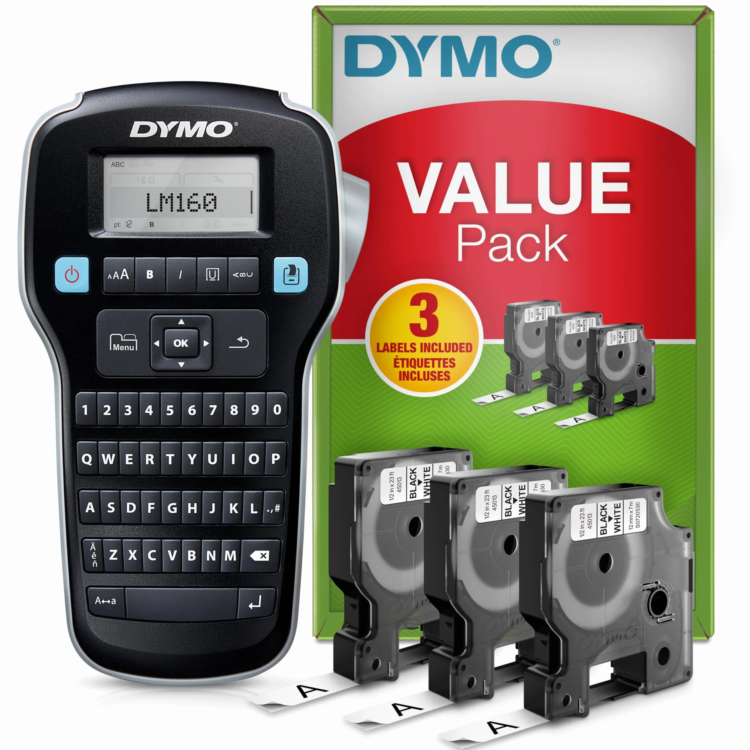 DYMO LabelManager 160 Zestaw startowy do drukarki etykiet z 3 rolkami taśmy Dymo D1, klawiatura QWERTY