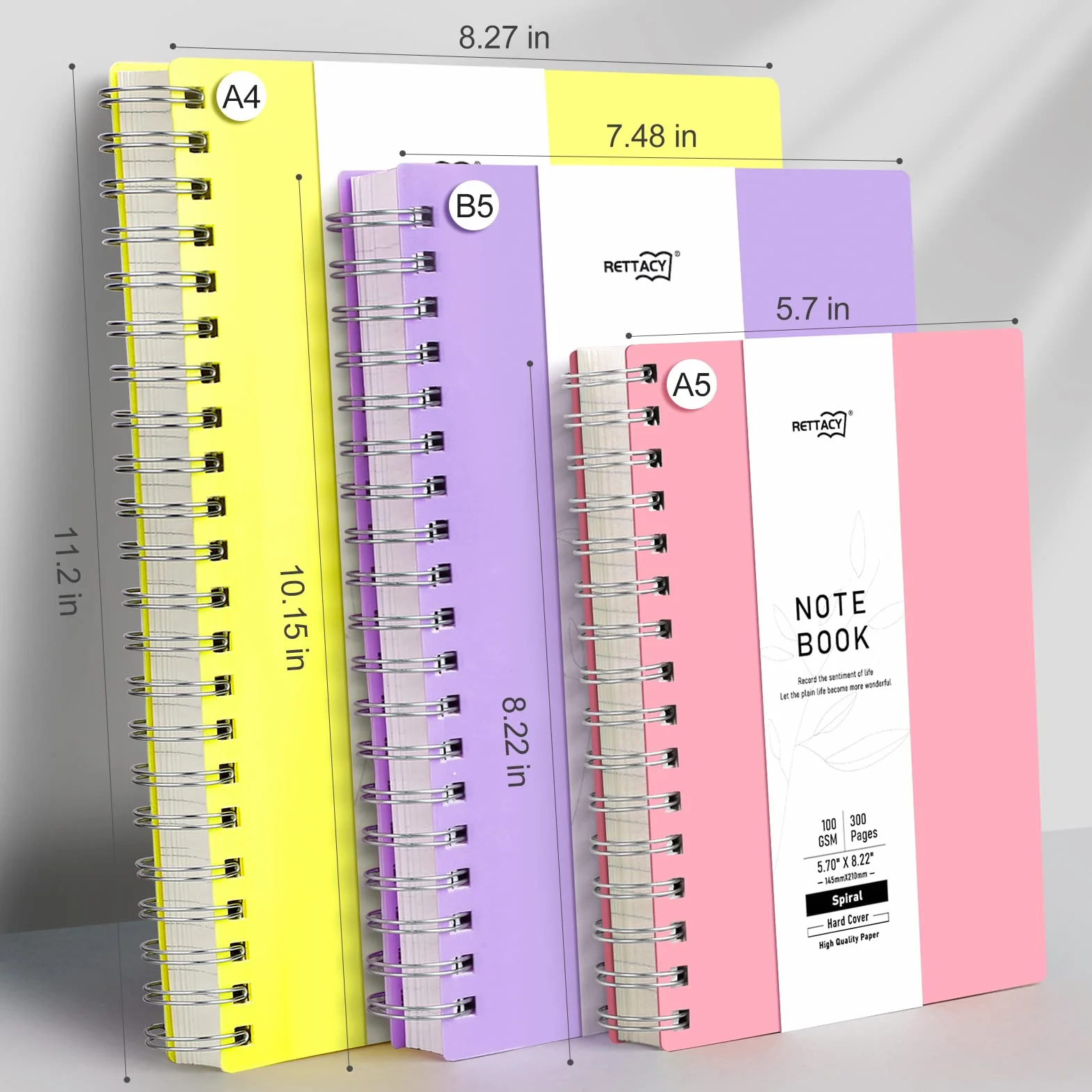 RETTACY A4 Notatnik, zeszyt, zeszyty spiralne, 300 kartek/150 stron do pisania, 100 g/m² papier linowany, okładka twarda PVC, 21,5 x 27,9 cm – różowy