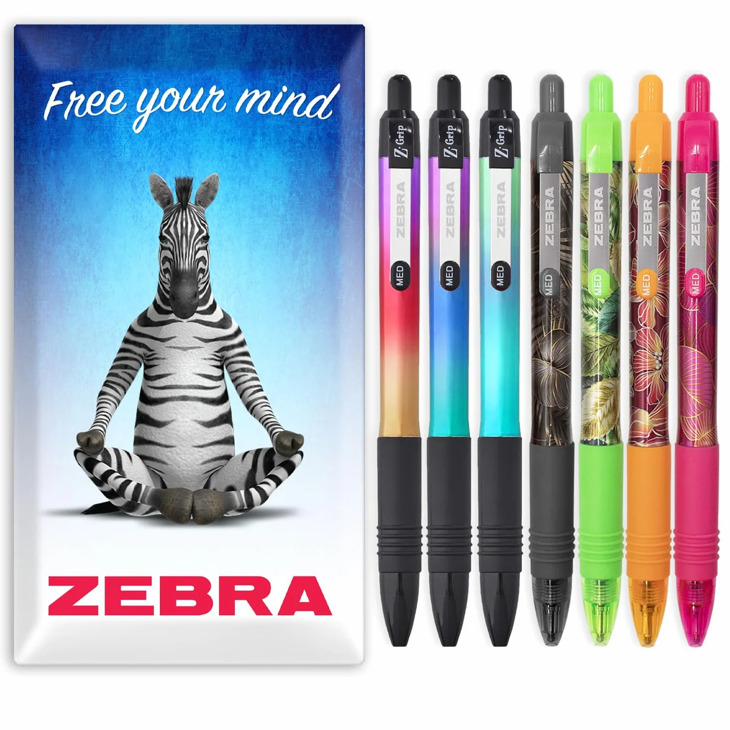 Zebra Z-Grip gładki długopis - stalówka 1,0 mm - metaliczne i tropikalne beczki - w kopercie opakowanie prezentowe (7 sztuk)