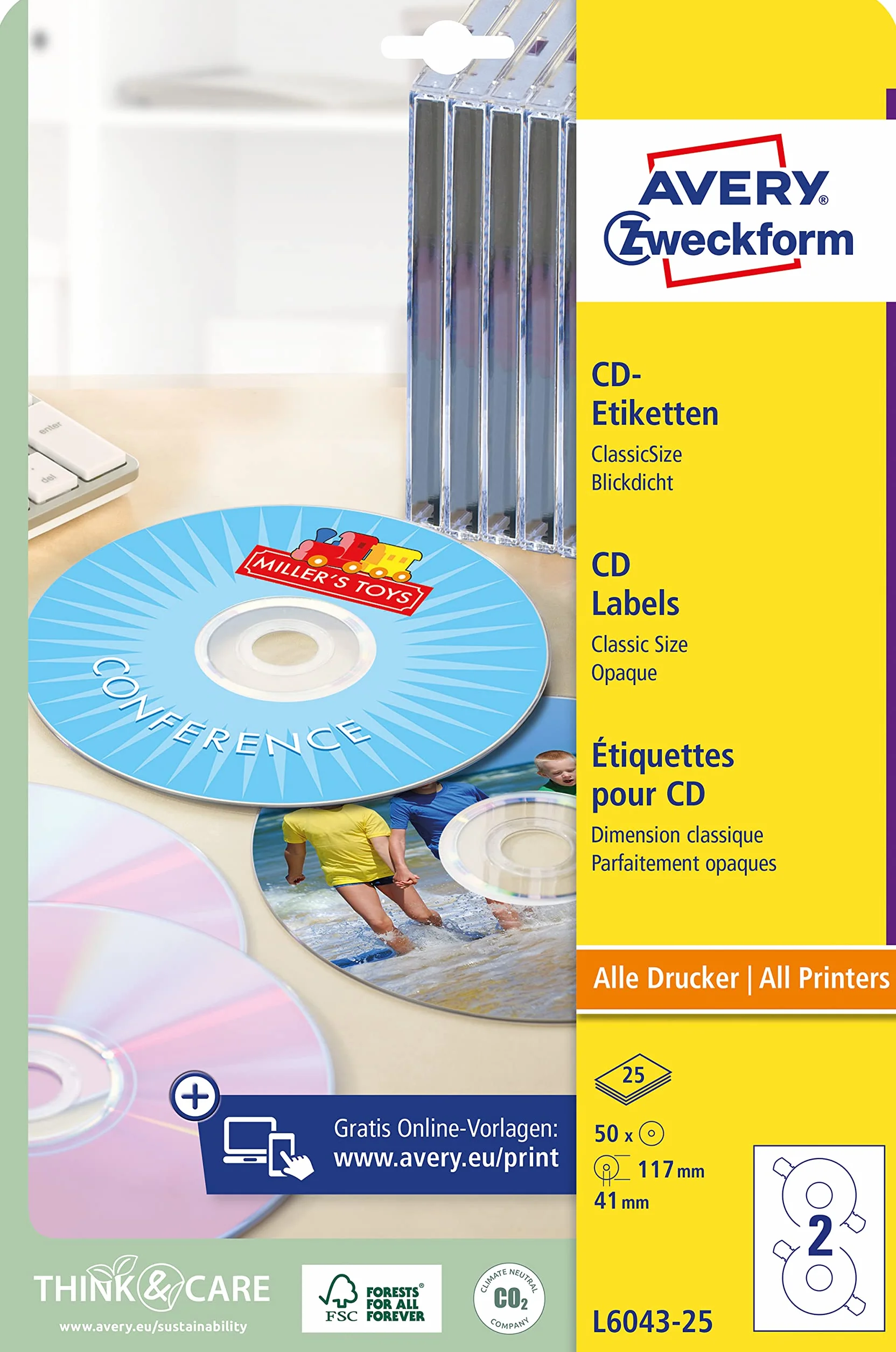 AVERY Zweckform L6043-25 samoprzylepne etykiety na płyty CD (50 nieprzezroczystych naklejek CD, Ø 117 mm na A4, ClassicSize, papier matowy, samoprzylepne etykiety samoprzylepne do wszystkich drukarek