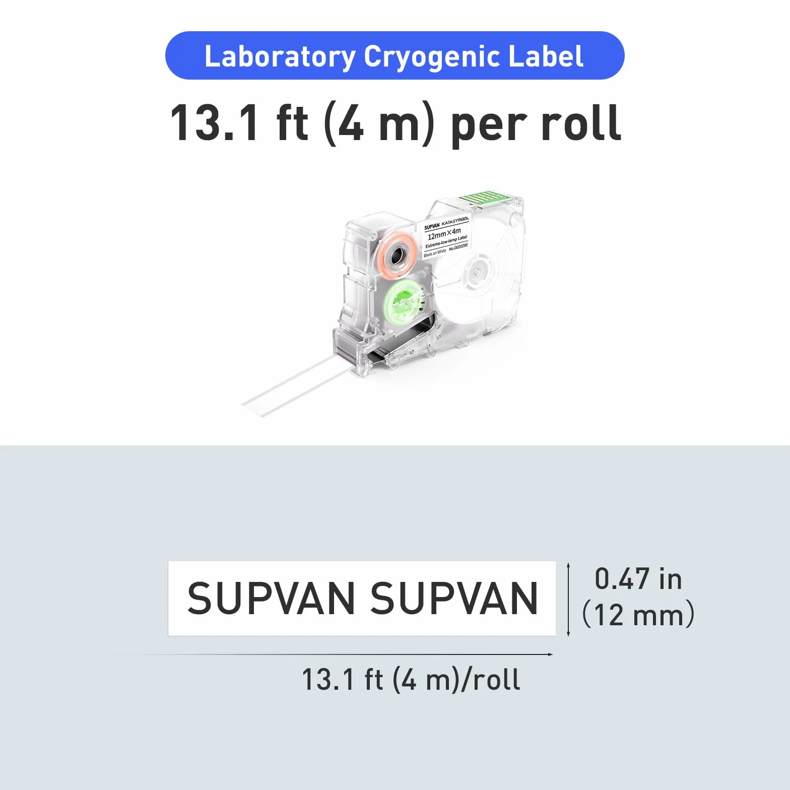 SUPVAN G15M Taśma do Etykiet Laboratoryjnych, Termotransferowa, Do Kriogenicznych Warunków -196°C (Ciekły Azot), Odporna na Wodę i Chemikalia, 12 mm x 4 m, Czarny na Białym
