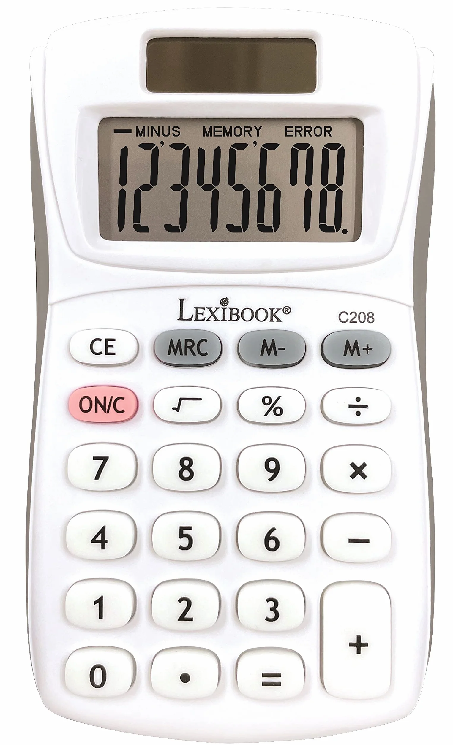 Lexibook 8-Cyfrowy Kalkulator Kieszonkowy Silikonowe Klucze Energii Słonecznej i Baterii C208 Biały Szary