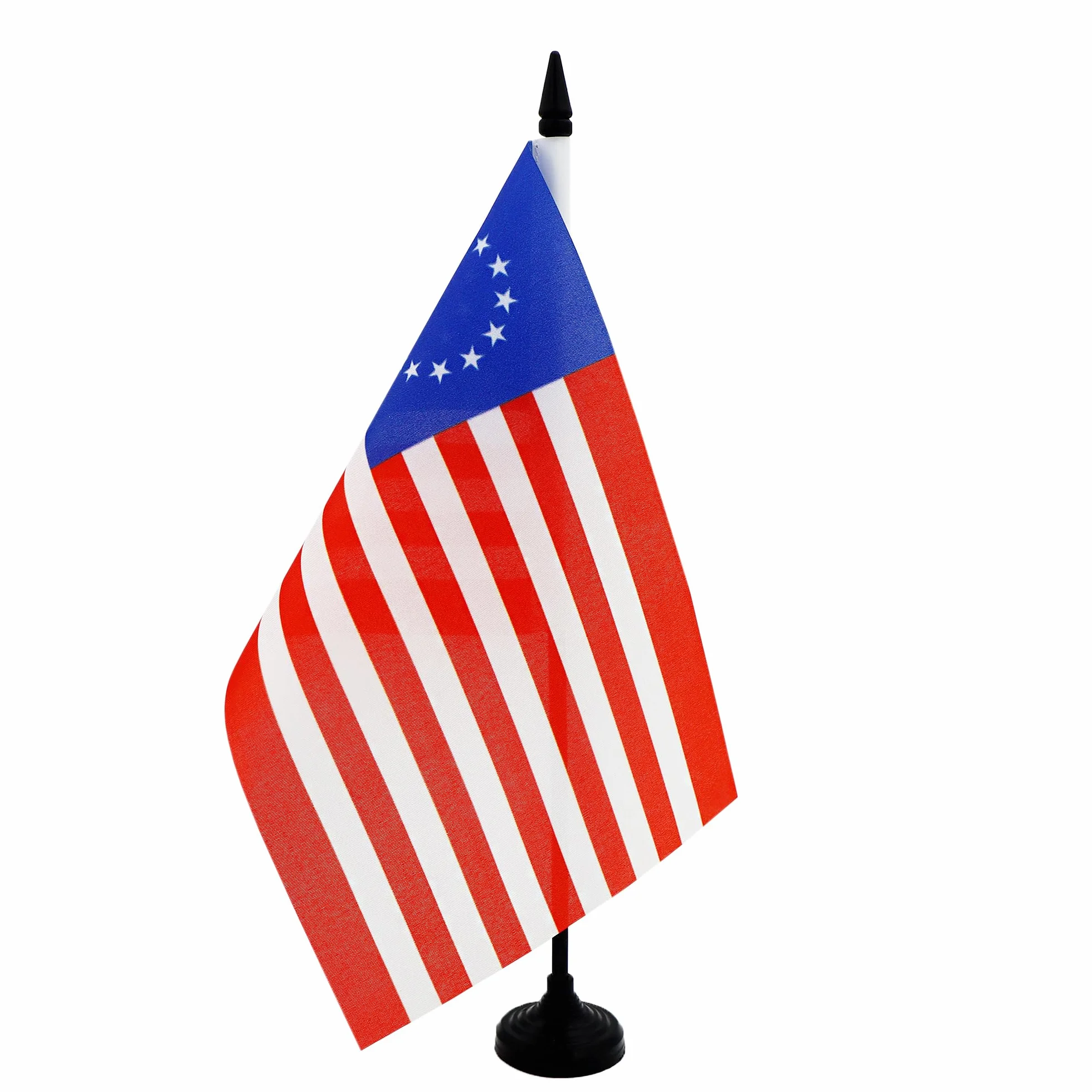 AZ FLAG - Flaga stołowa USA 13 gwiazdek Betsy Ross 21x14 cm - Mała 100% poliester amerykańska flaga biurowa z 25 cm maczugą i czarną plastikową podstawą