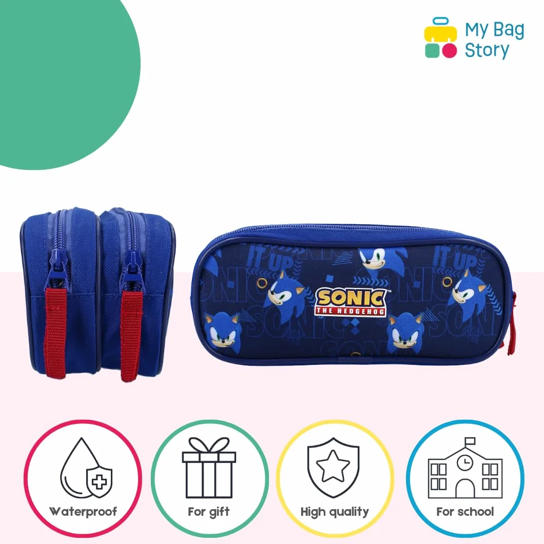mybagstory - Piórnik z dwoma przegródkami - dla dzieci - szkoła, przedszkole, przedszkole, chłopiec, rozmiar 22 cm, pomysł na prezent dla dziewczynki, Sonic - Niebieski, Klasyczny