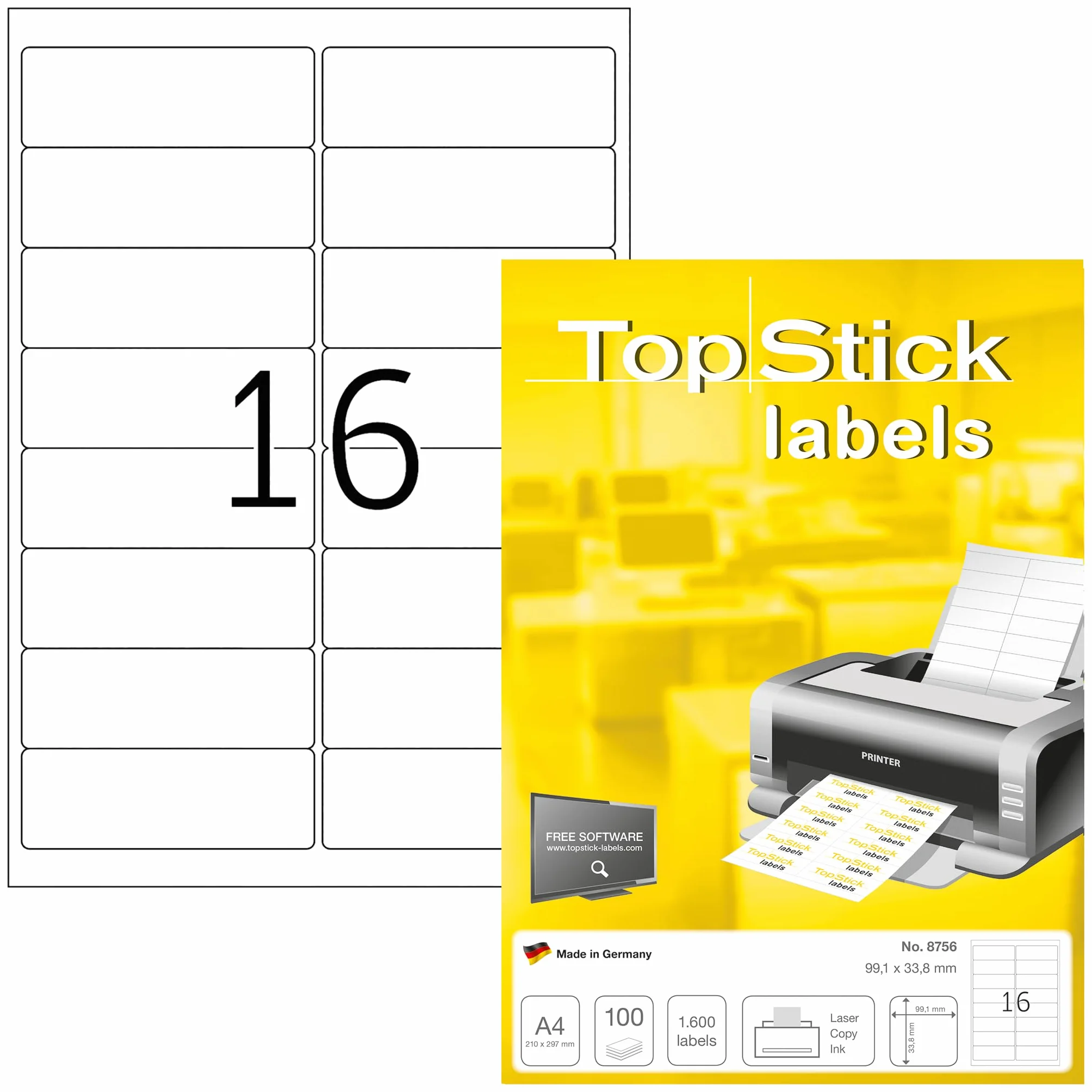 TopStick 8756 etykiety adresowe, 100 arkuszy, 99,1 x 33,9 mm, 16 arkuszy A4, 1600 sztuk, samoprzylepne, do zadrukowania, matowe, czyste naklejki adresowe, białe