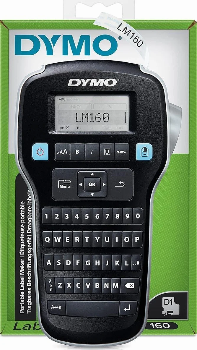 Drukarka etykiet DYMO LabelManager 160 | Ręczna drukarka etykiet z klawiaturą QWERTY | Czarna i biała taśma etykietowa D1 (12 mm) w zestawie | Do domu i biura