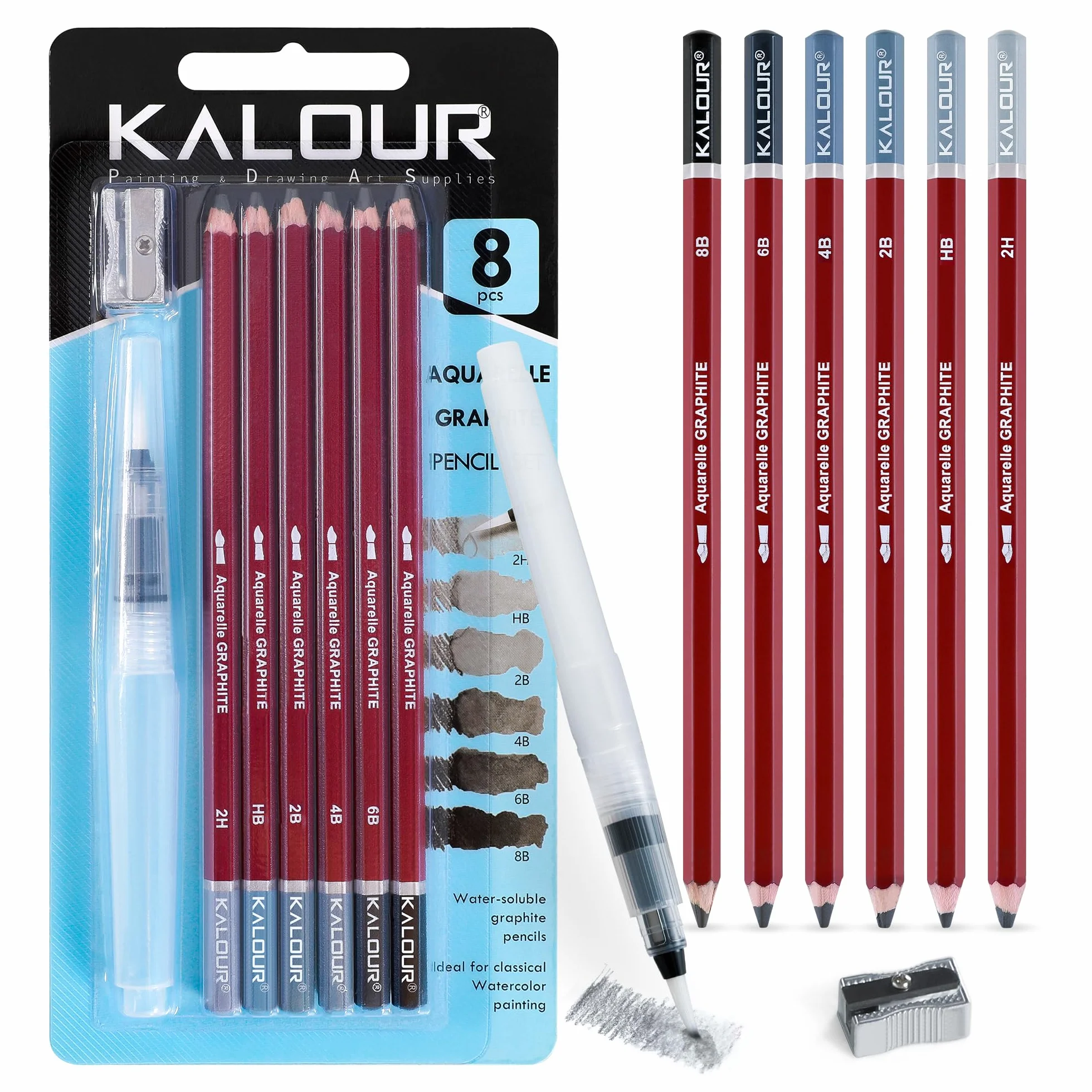 KALOUR PDAS Rozpuszczalne w wodzie grafitowe ołówki do rysowania Aquarelle, 2H HB 2B 4B 6B 8B szary, profesjonalny zestaw do szkicowania ze szczotką wodną i temperówką
