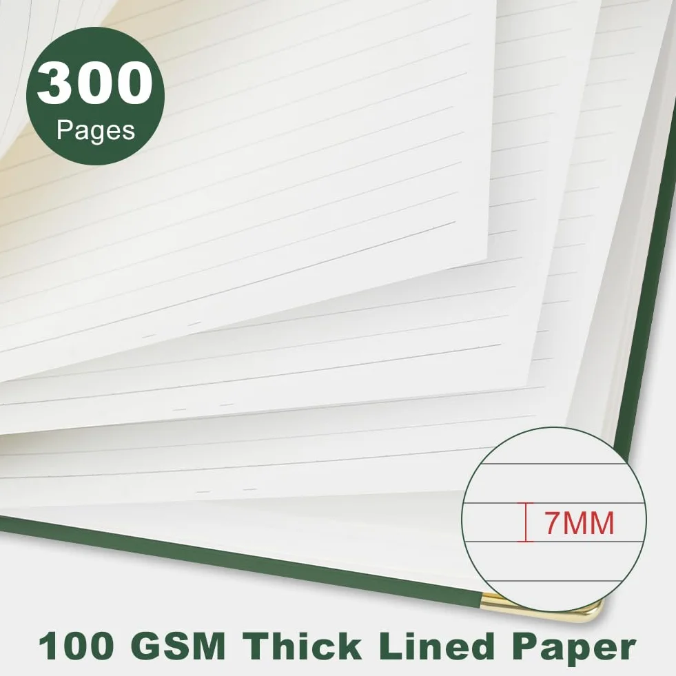 Notatnik spiralny A5 w linie, twarda oprawa, 300 stron, gruby papier 100 g/m2, spiralny notatnik w linie A5 na uczelnię, do biura, na konferencję, w podróż - Zielony