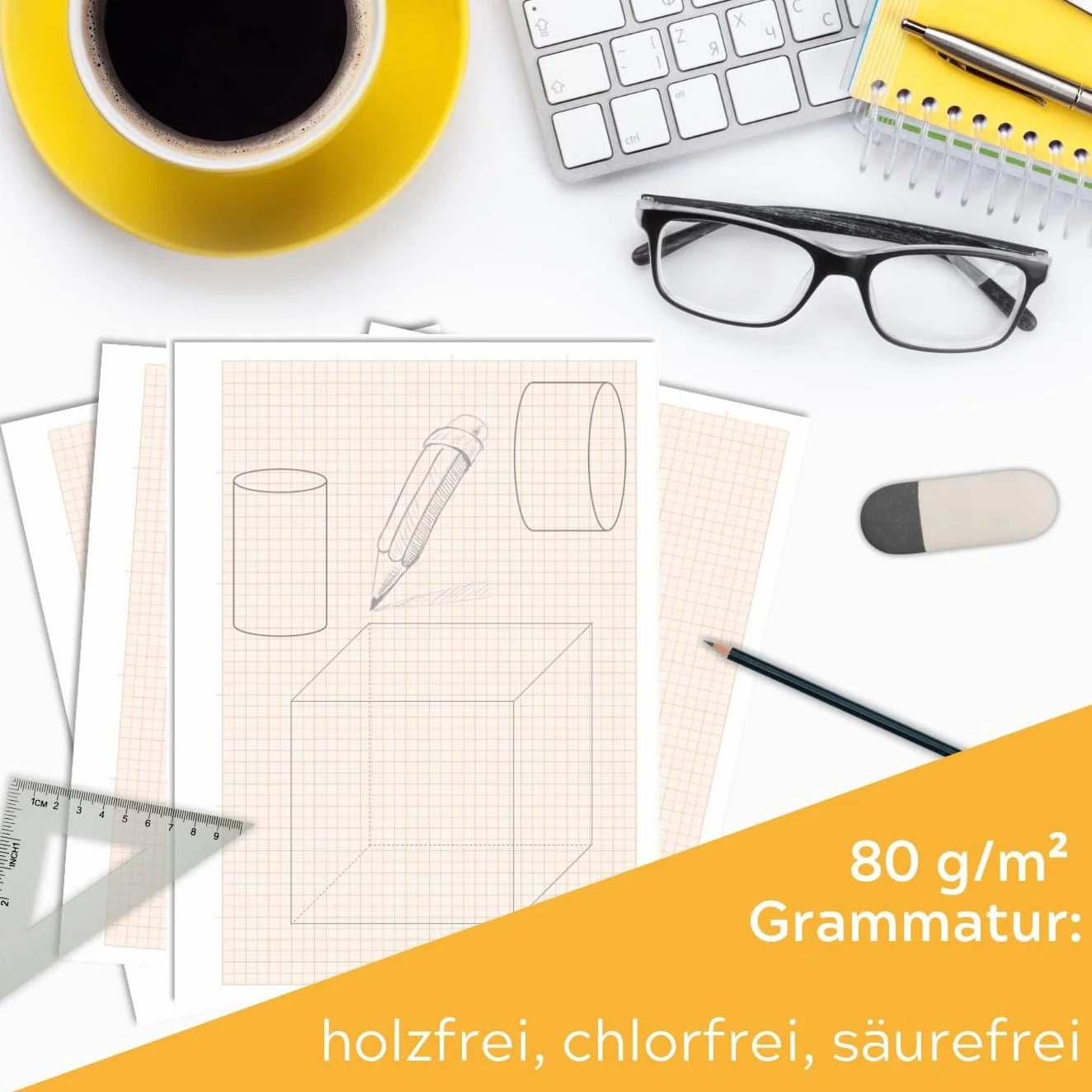 perfect line – 75 arkuszy papieru milimetrowego DIN A4 – czerwone linie siatki 1/5/10 mm – 80 g/m² papier do rysunków technicznych, diagramów, do szkoły i biura – luźne arkusze – Made in Germany