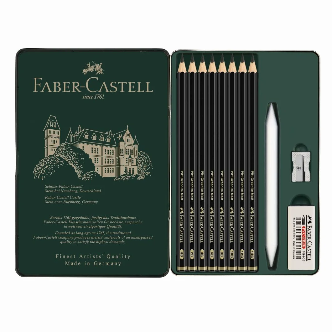 FABER-CASTELL 115220 – zestaw ołówków Pitt Graphite Matt, 11 sztuk, w zestawie z gumką do papieru, gumką do mazania i temperówką