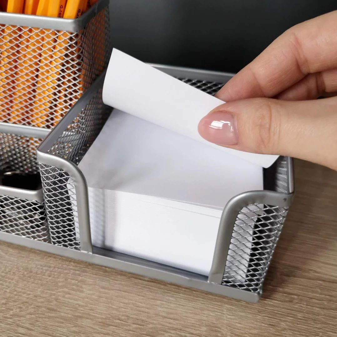 Leviatan Organizer na Biurko z Metalowej Siatki – Srebrny Pojemnik Biurowy z Uchwytami na Długopisy i Karteczki – 205 x 103 x 98 mm