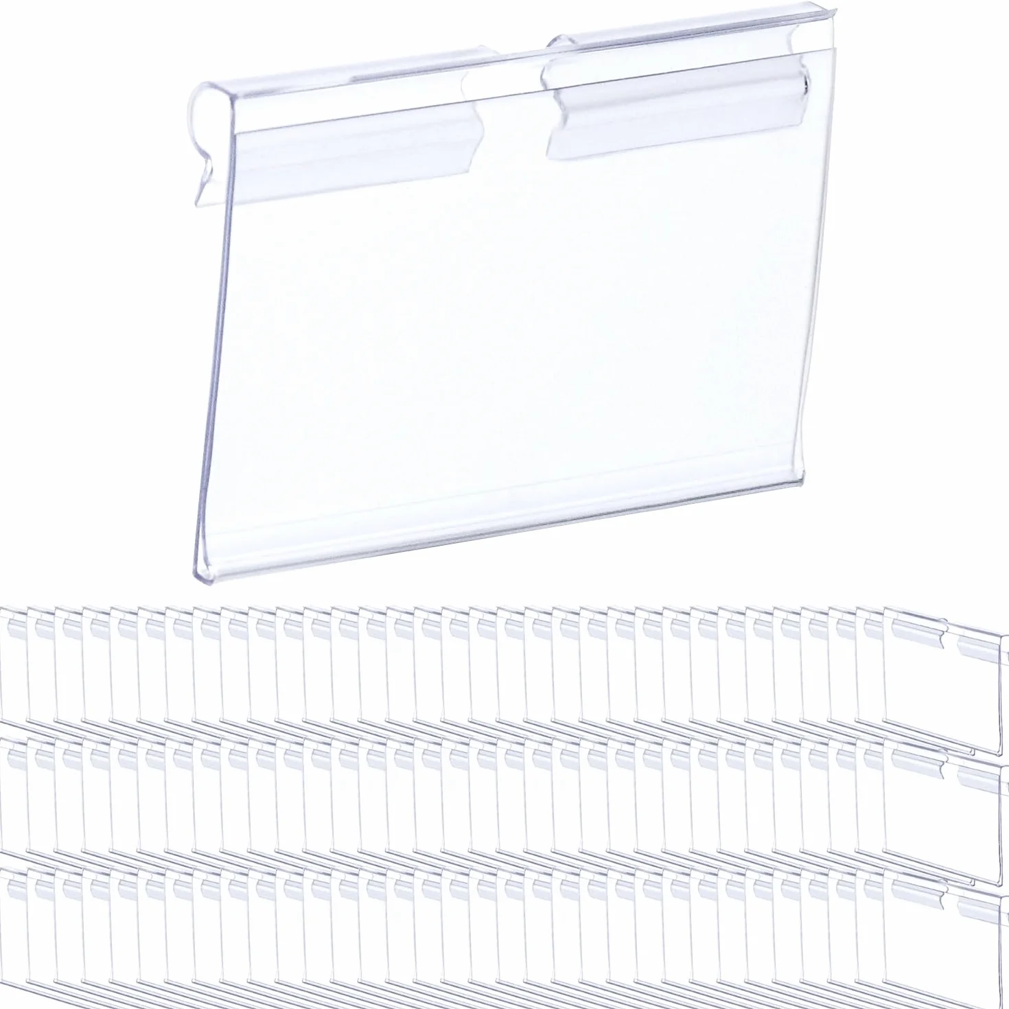 QWORK® 100x Przezroczyste PVC Plastikowe metki z cenami Uchwyty na etykiety do półek drucianych (6 x 4,2 cm)