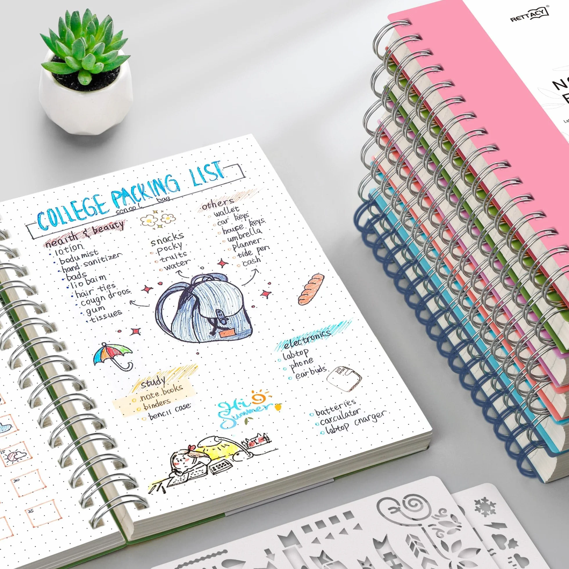 RETTACY Notatnik A5 w kropki Bullet Dot Journal notatniki spiralne 150 arkuszy/300 stron do pisania, 100 g/m², twarda okładka PVC dla kobiet, mężczyzn, pracy, biura, szkoły, 14,5 x 21 cm - różowy