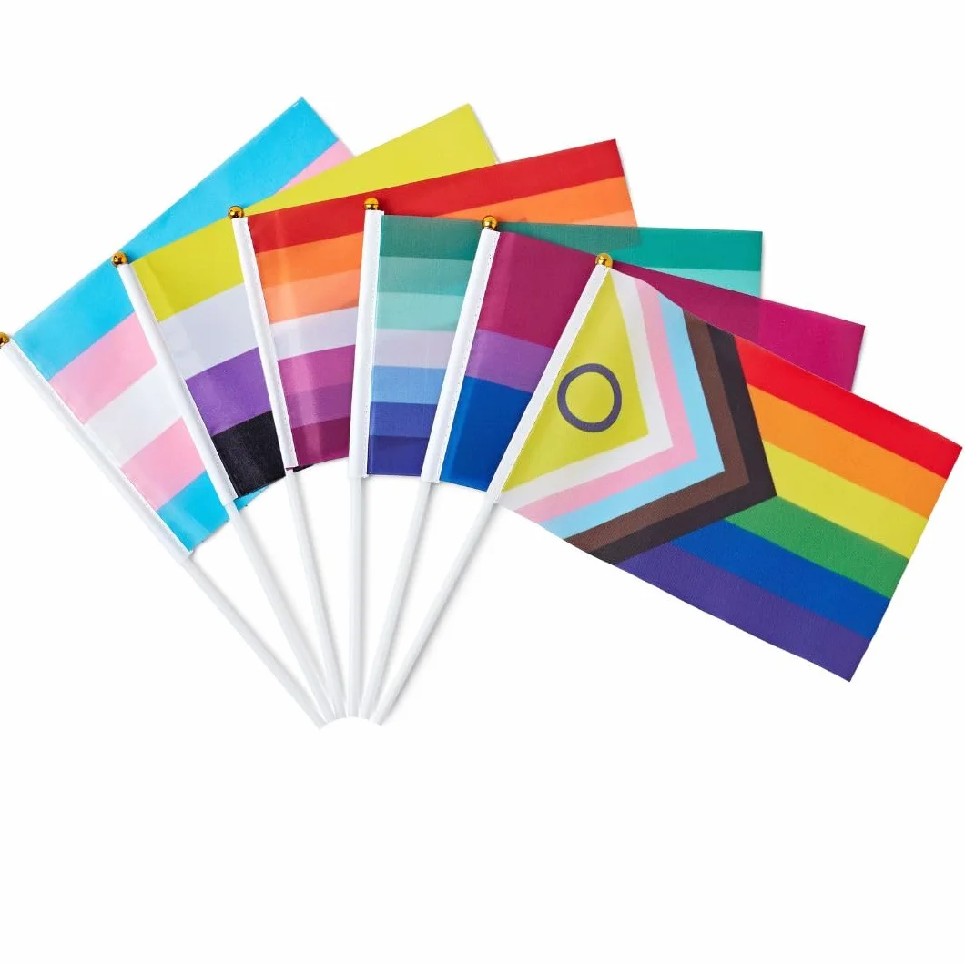 Runesol 12 sztuk ręcznych flag transpłciowych 14x21 cm mini flagi LGBTQ na patykach dekoracje imprezowe