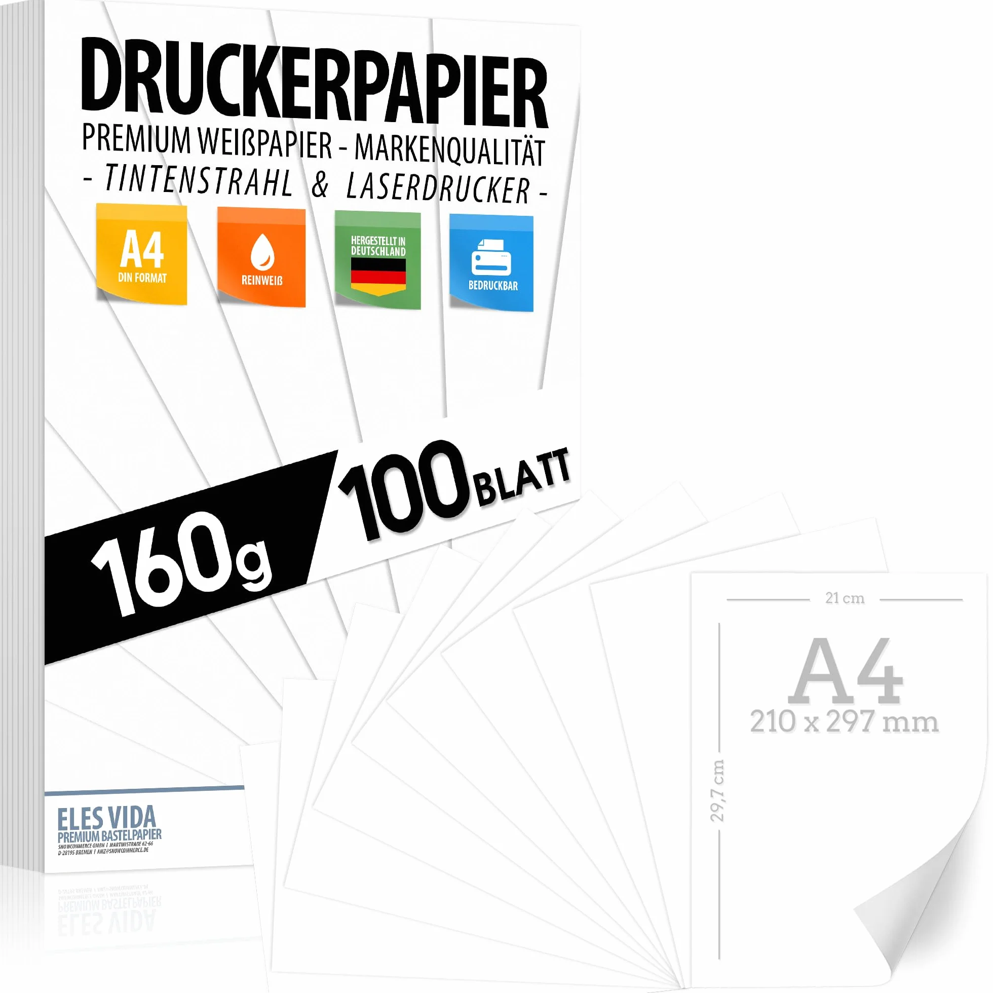 100 arkuszy białego papieru do drukarek 160 g/m² – papier premium czysta biel – DIN A4-21 x 29,7 cm – papier do drukarki, biały, niezadrukowany, do fotografii, prezentacji, majsterkowania, papieru