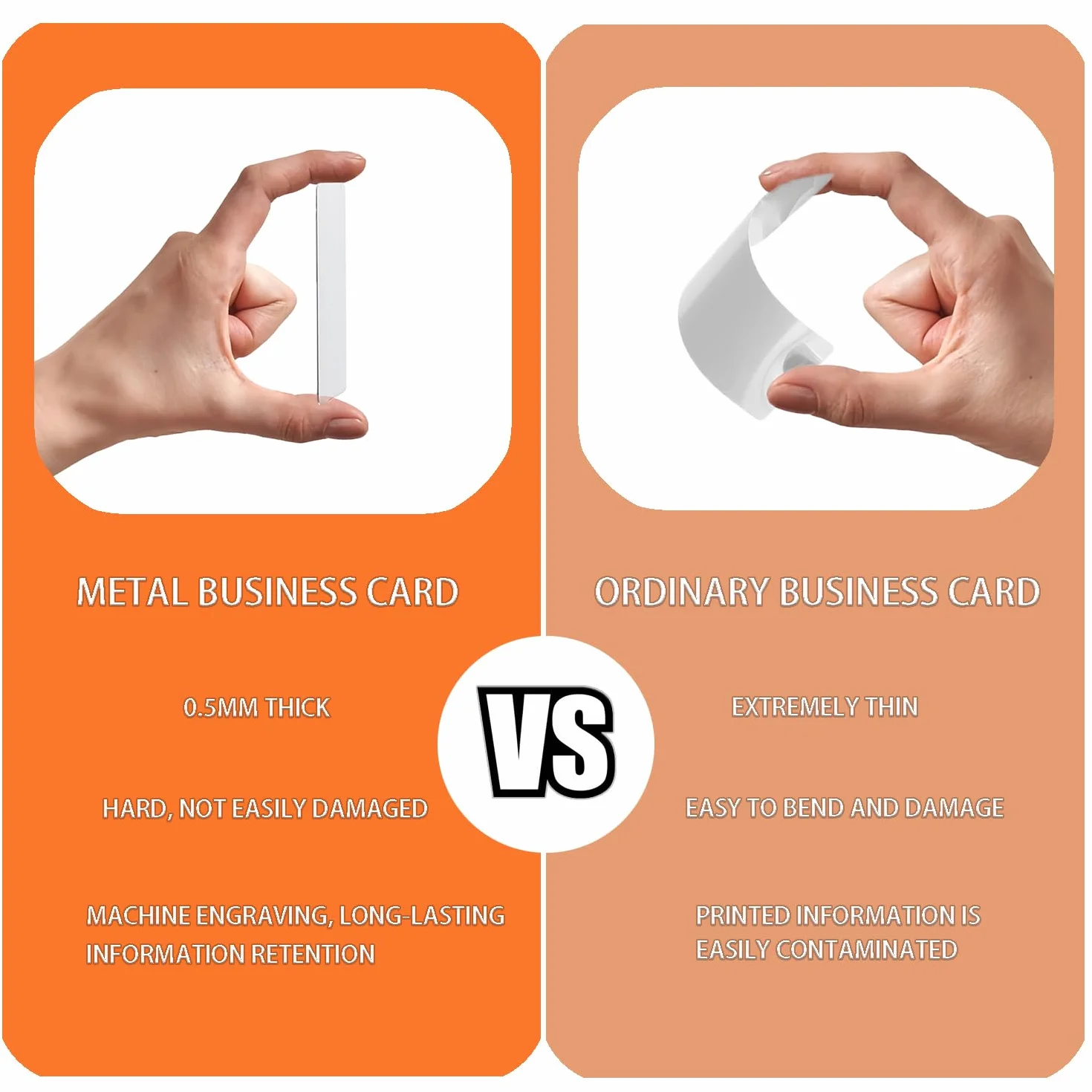 Metalowe wizytówki 8,6 x 5,4 cm ze stali nierdzewnej, opakowanie 20 sztuk, grawerowane laserowo