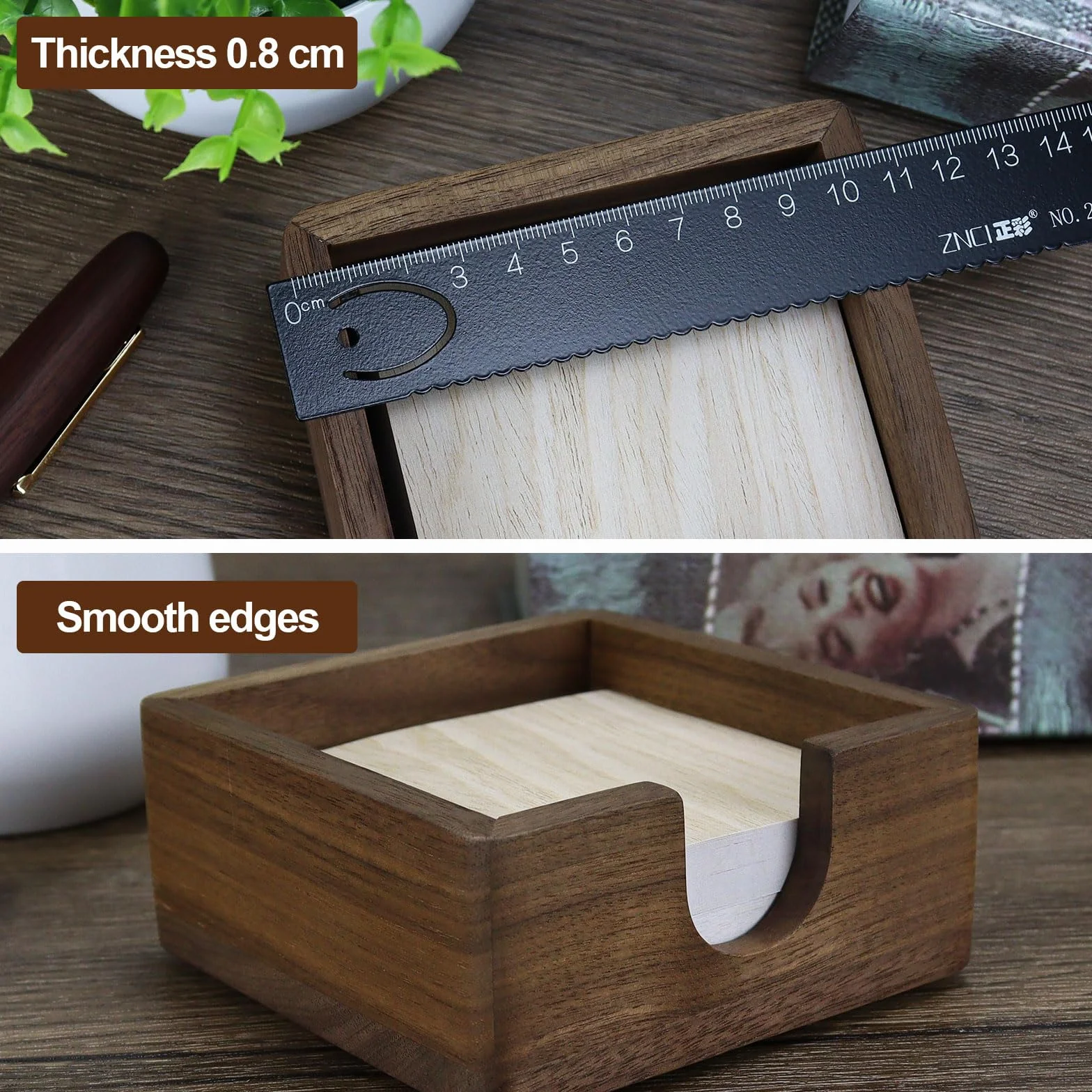 Uchwyt na karteczki z drewna orzechowego 10,5 x 10,5 cm organizer notatnik antypoślizgowa podstawa