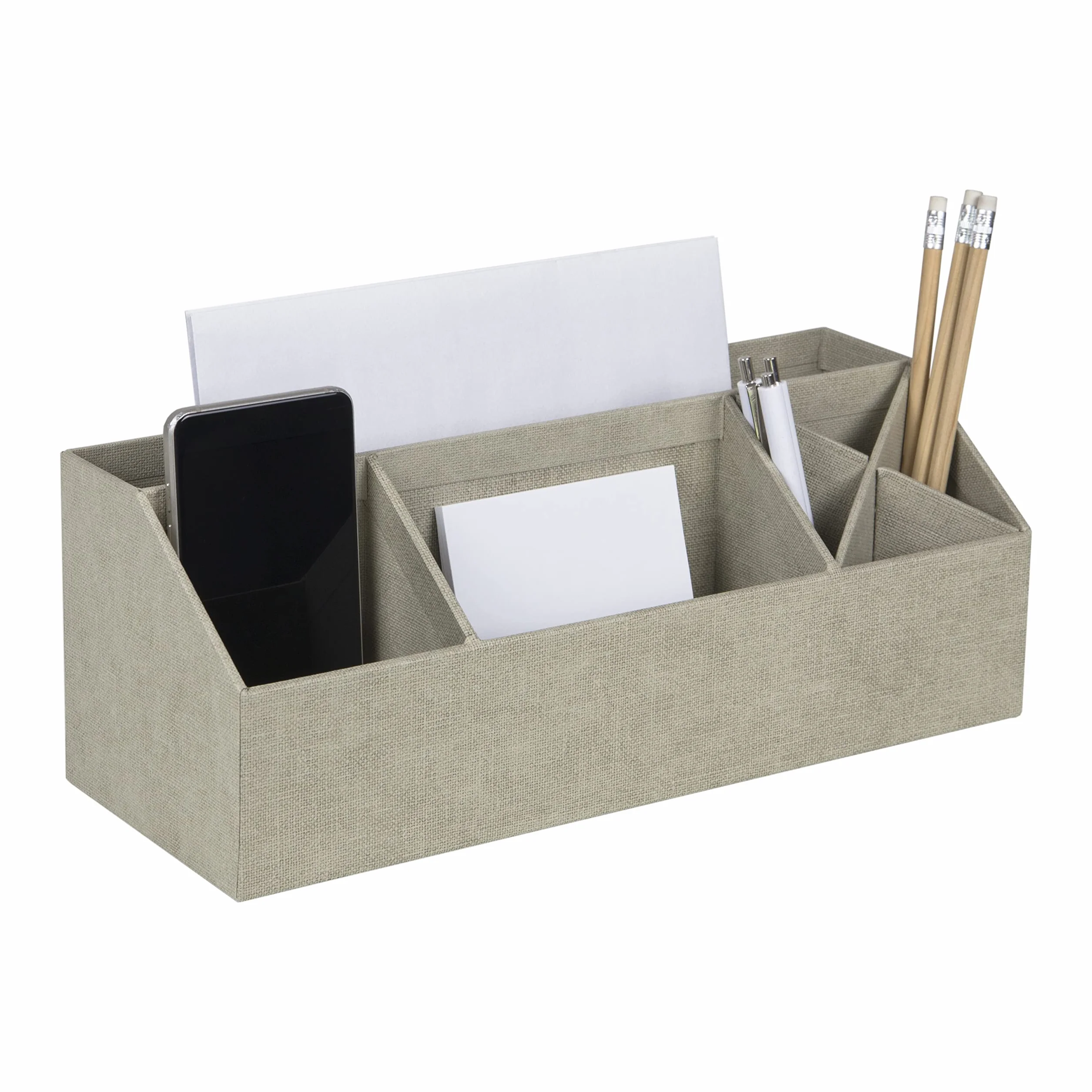 Bigso Box of Sweden Organizer na biurko z 4 przegródkami, do przechowywania notatek, spinaczy do papieru, długopisów itp. – uchwyt na długopisy z płyty pilśniowej i papieru o wyglądzie lnu, beżowy