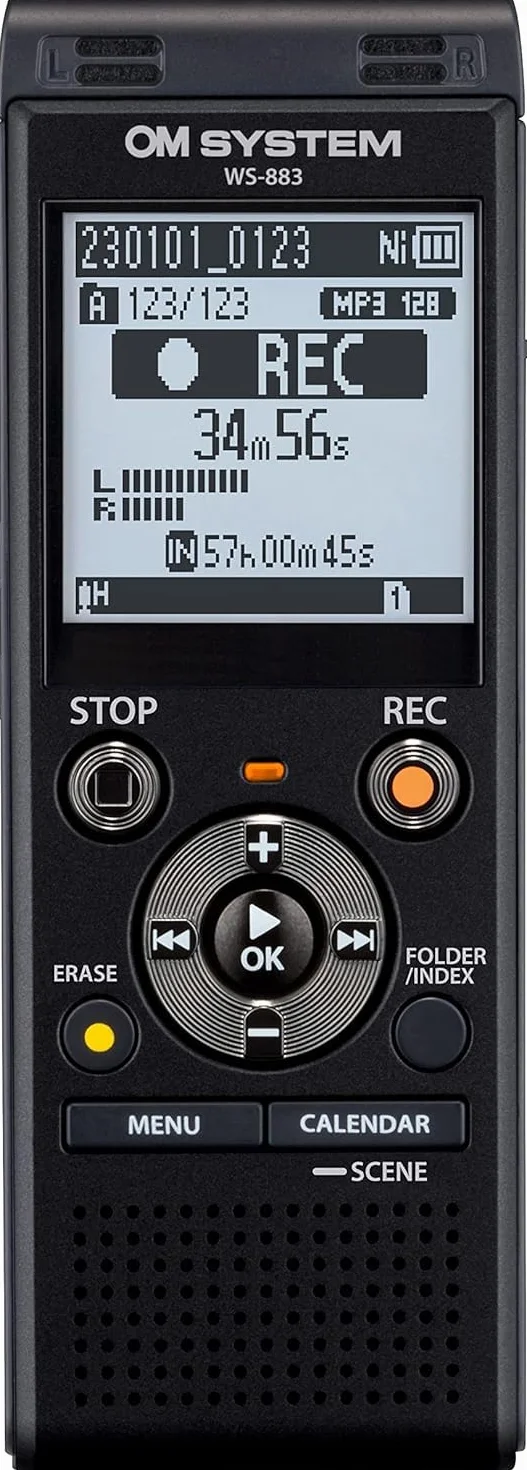Wysokiej jakości dyktafon cyfrowy OM SYSTEM WS-883 z wbudowanymi mikrofonami stereofonicznymi, bezpośrednim połączeniem USB, balansem głosu, kasowaniem szumów, 8 GB pamięci, VCVA
