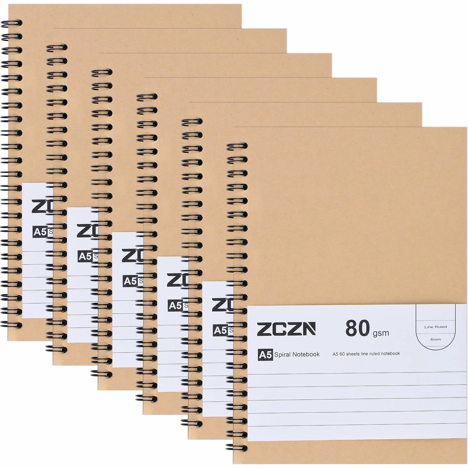 ZCZN Notatnik w linie A5, 6-pak spiralnych notatników do szkoły, nauki, użytku biurowego, 120 stron/60 arkuszy
